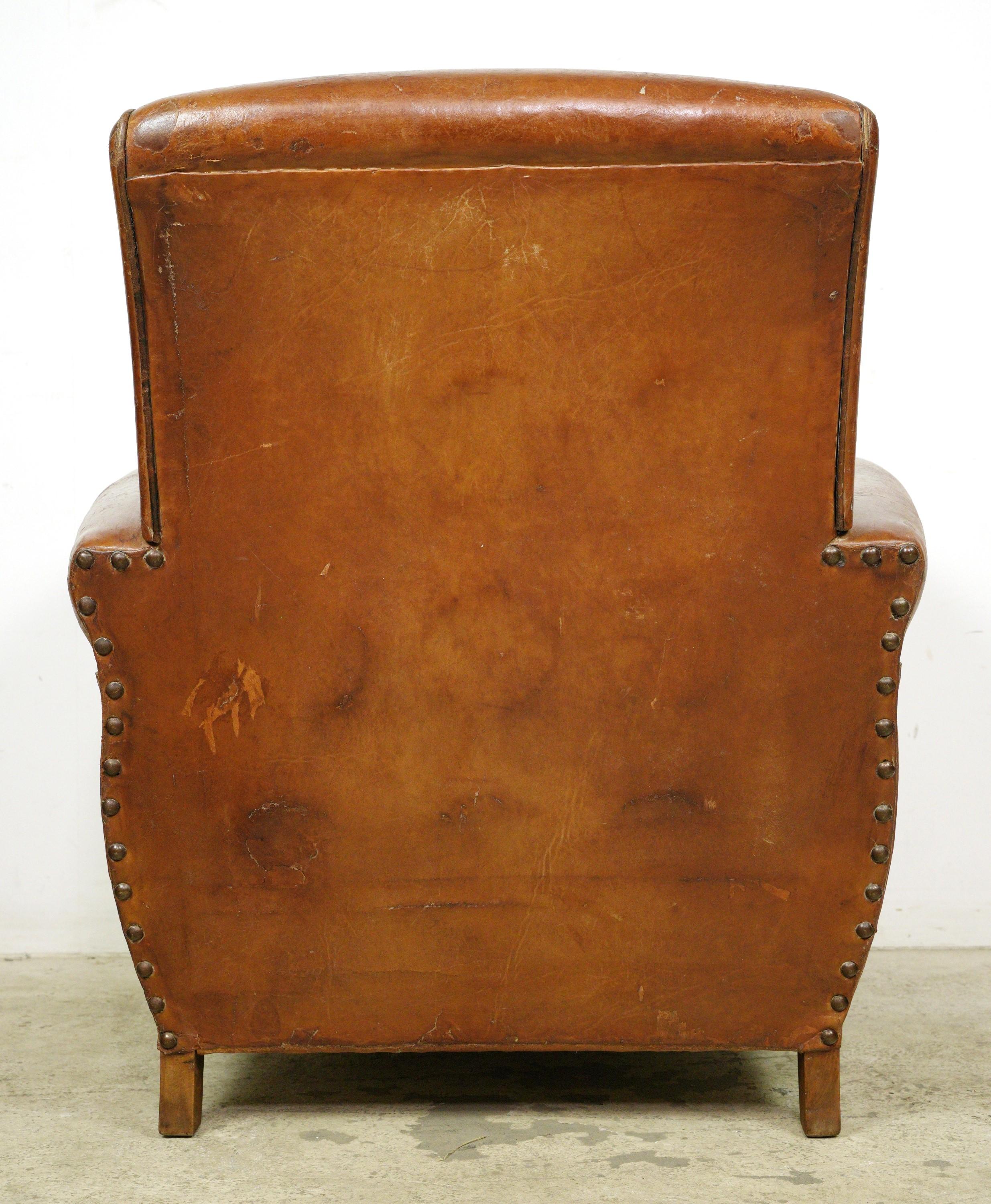 European Brown Leather & Wood Club Chair 5