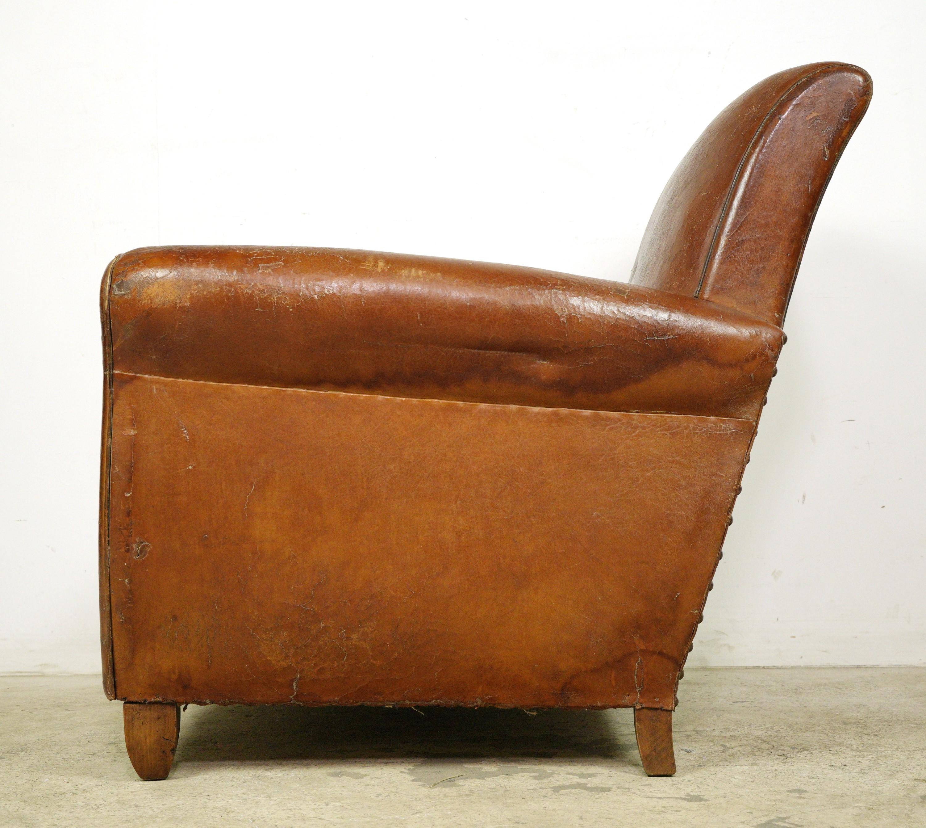 European Brown Leather & Wood Club Chair 7