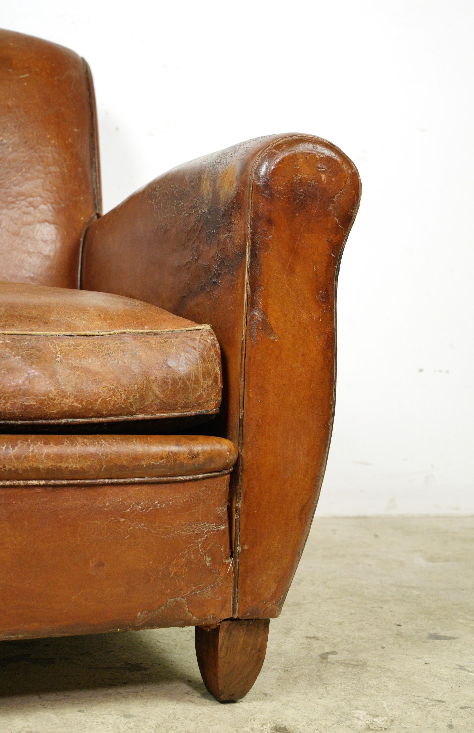 French European Brown Leather & Wood Club Chair
