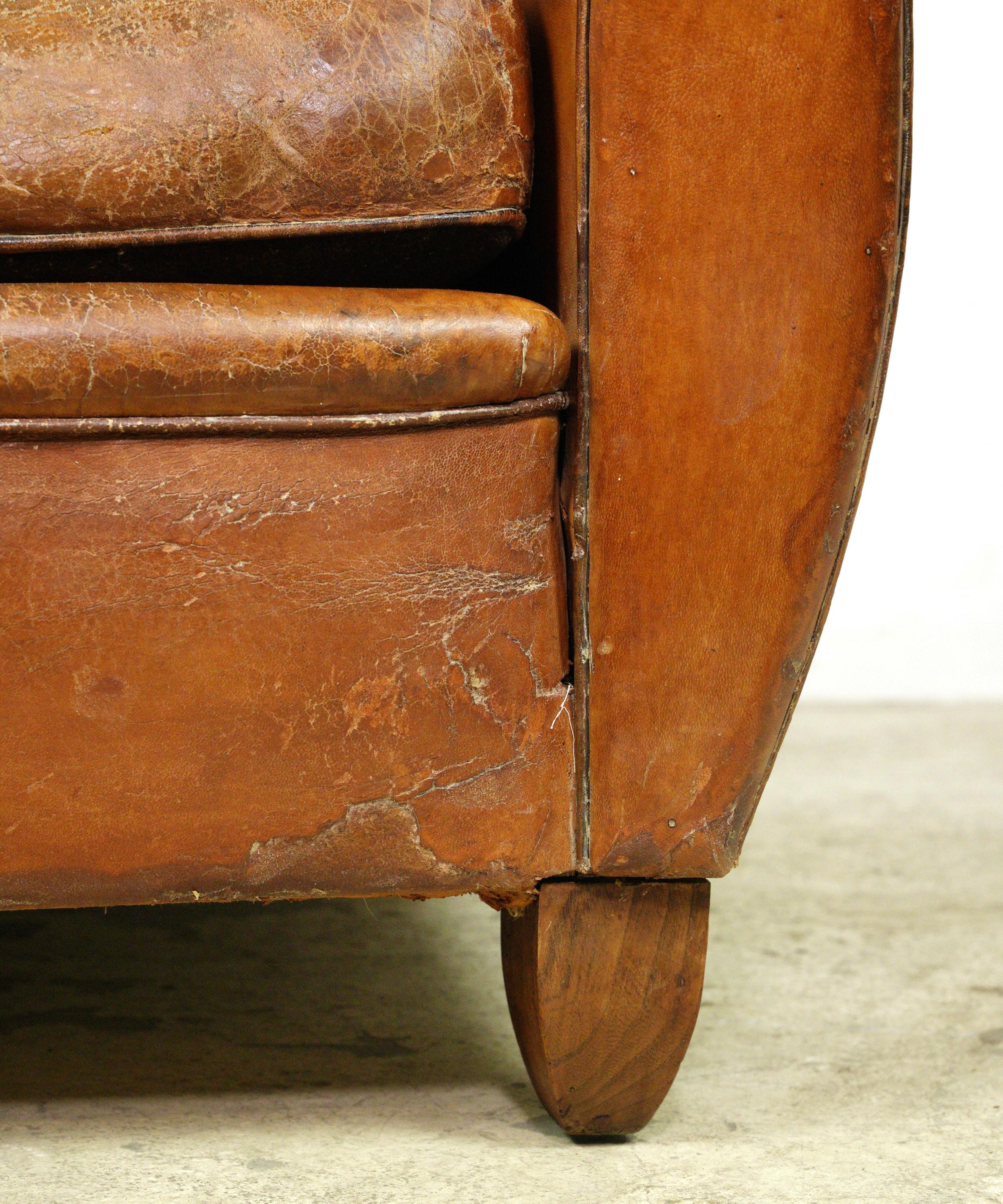 European Brown Leather & Wood Club Chair In Good Condition In New York, NY
