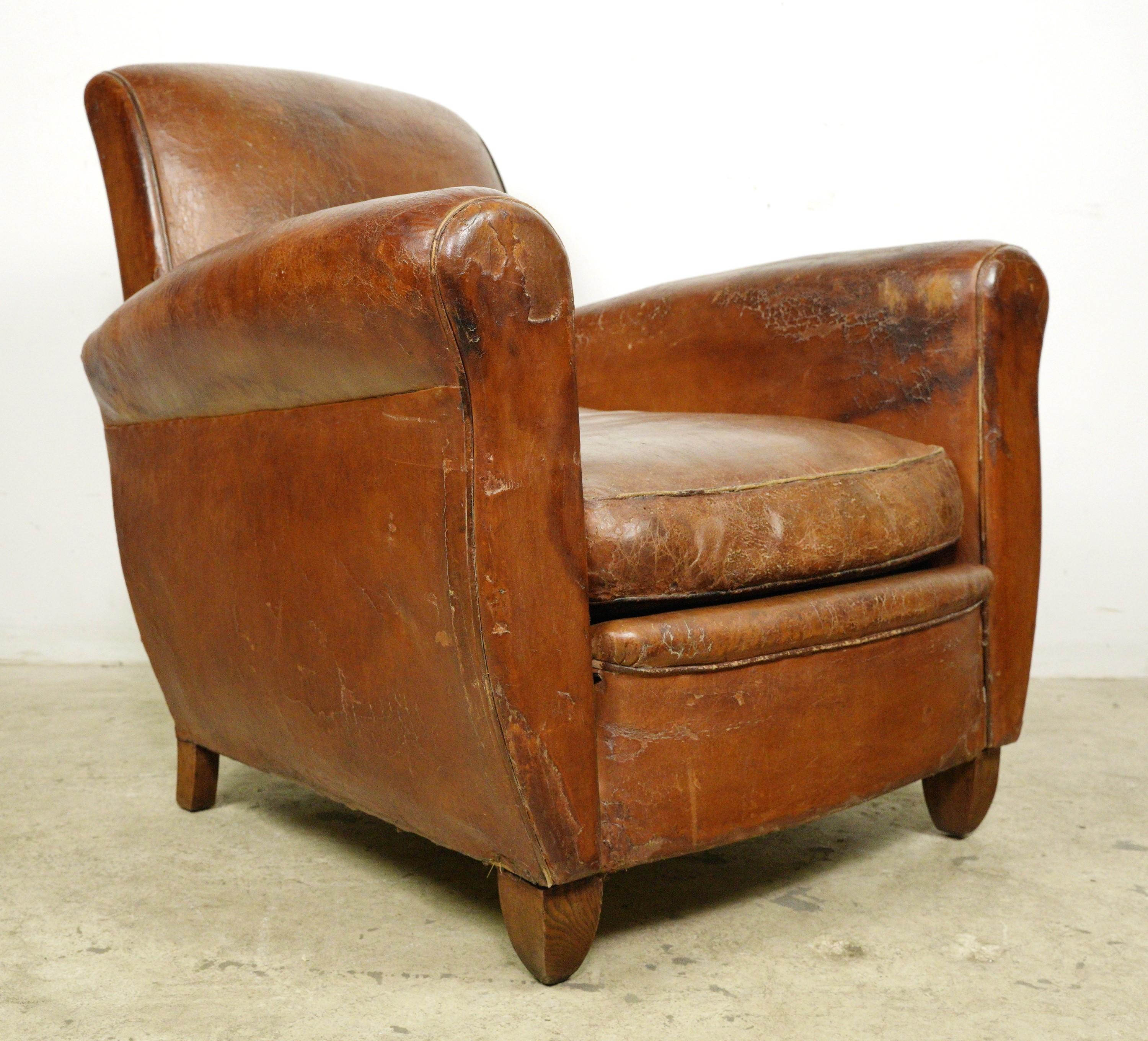 20th Century European Brown Leather & Wood Club Chair