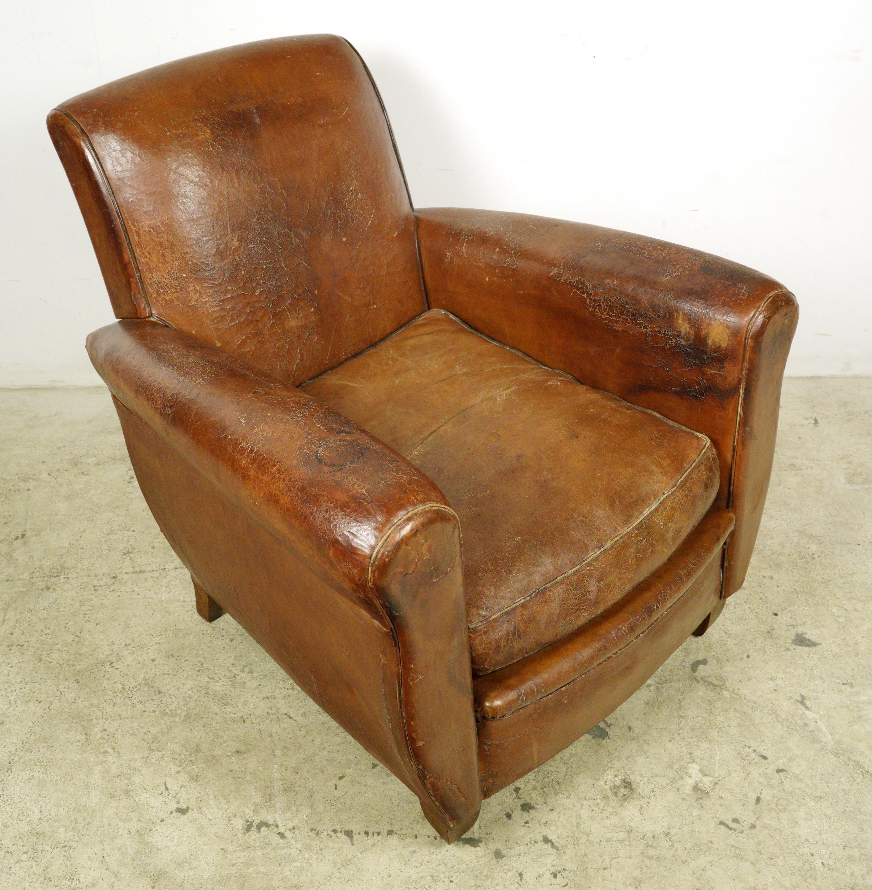 European Brown Leather & Wood Club Chair 1