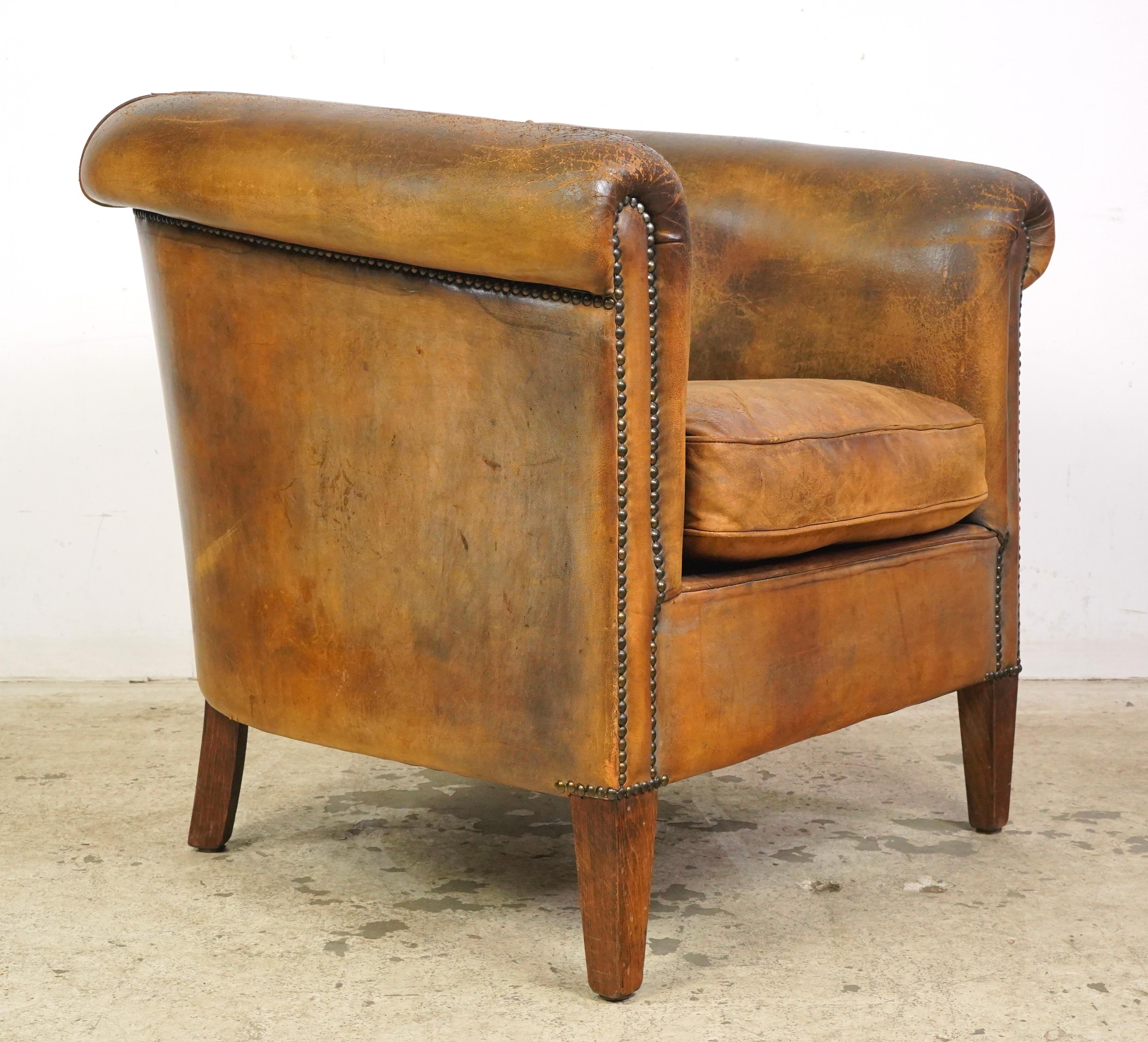 20th Century European Brown Studded Leather Club Chair For Sale