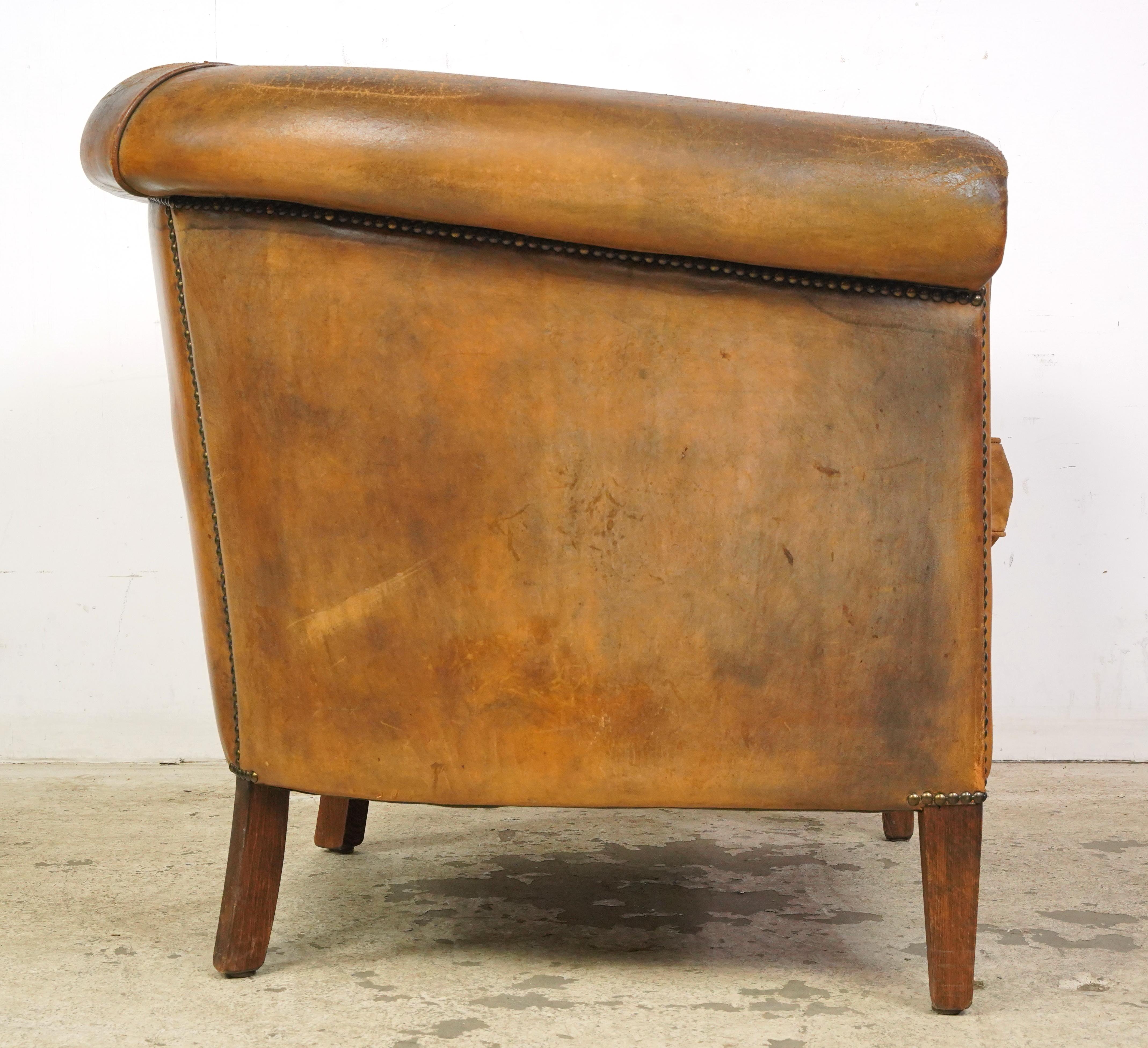 Steel European Brown Studded Leather Club Chair For Sale