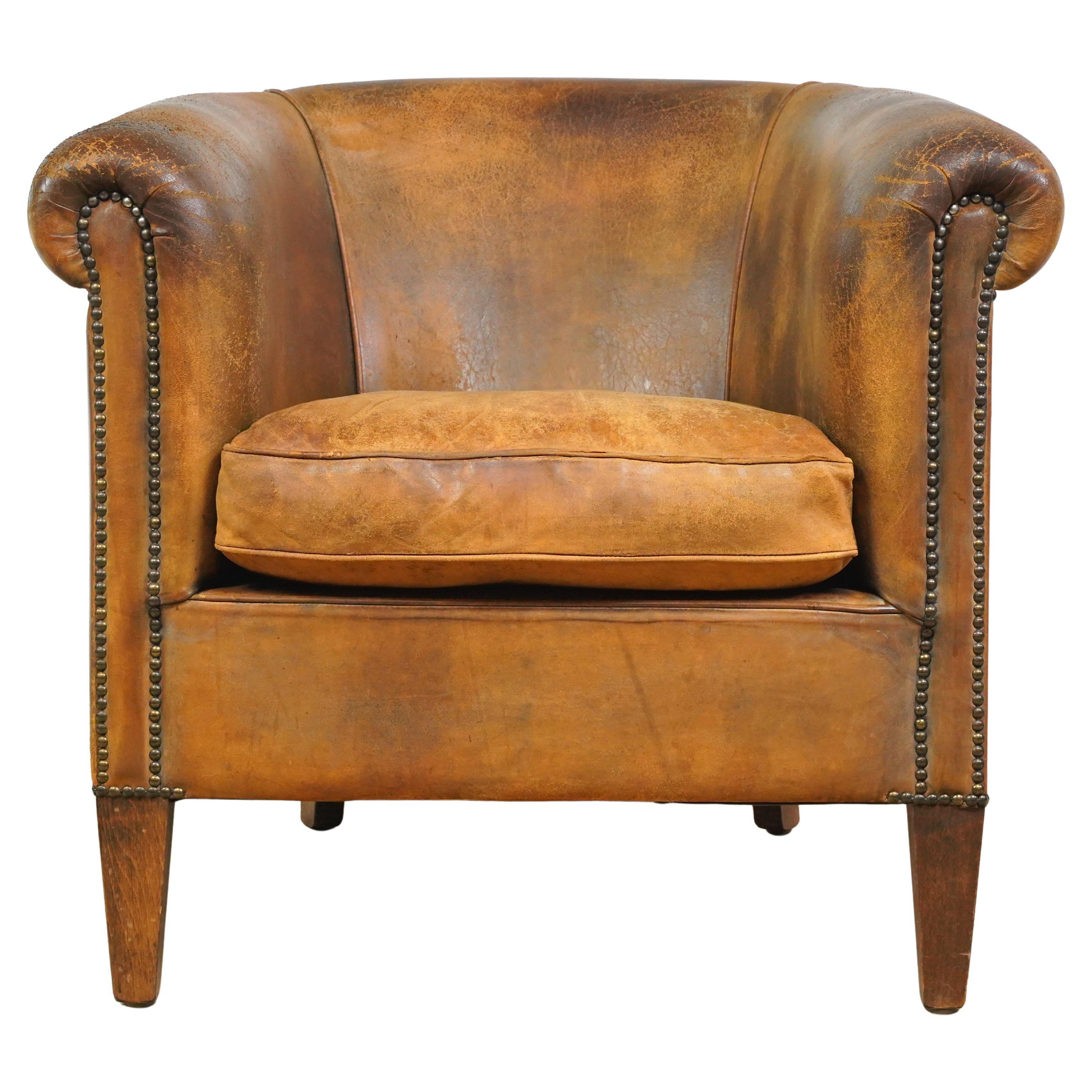 European Brown Studded Leather Club Chair