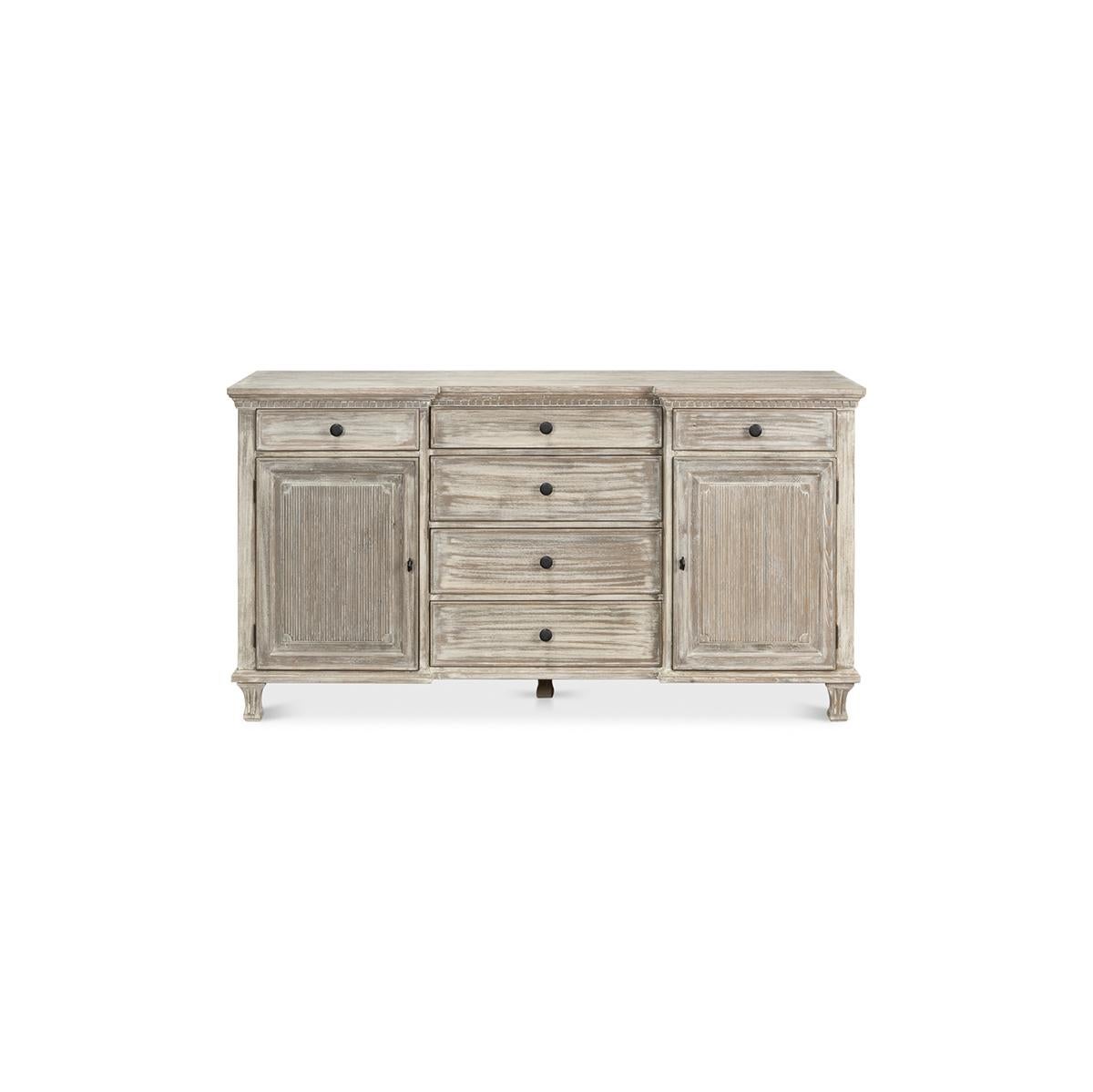 With six drawers and two raised panel doors, the Buffet is a blend of service, style, and excellence all in one package. Finished in our Moonskin finish, this workhorse buffet will add style and drama to any living or dining environment. With ample