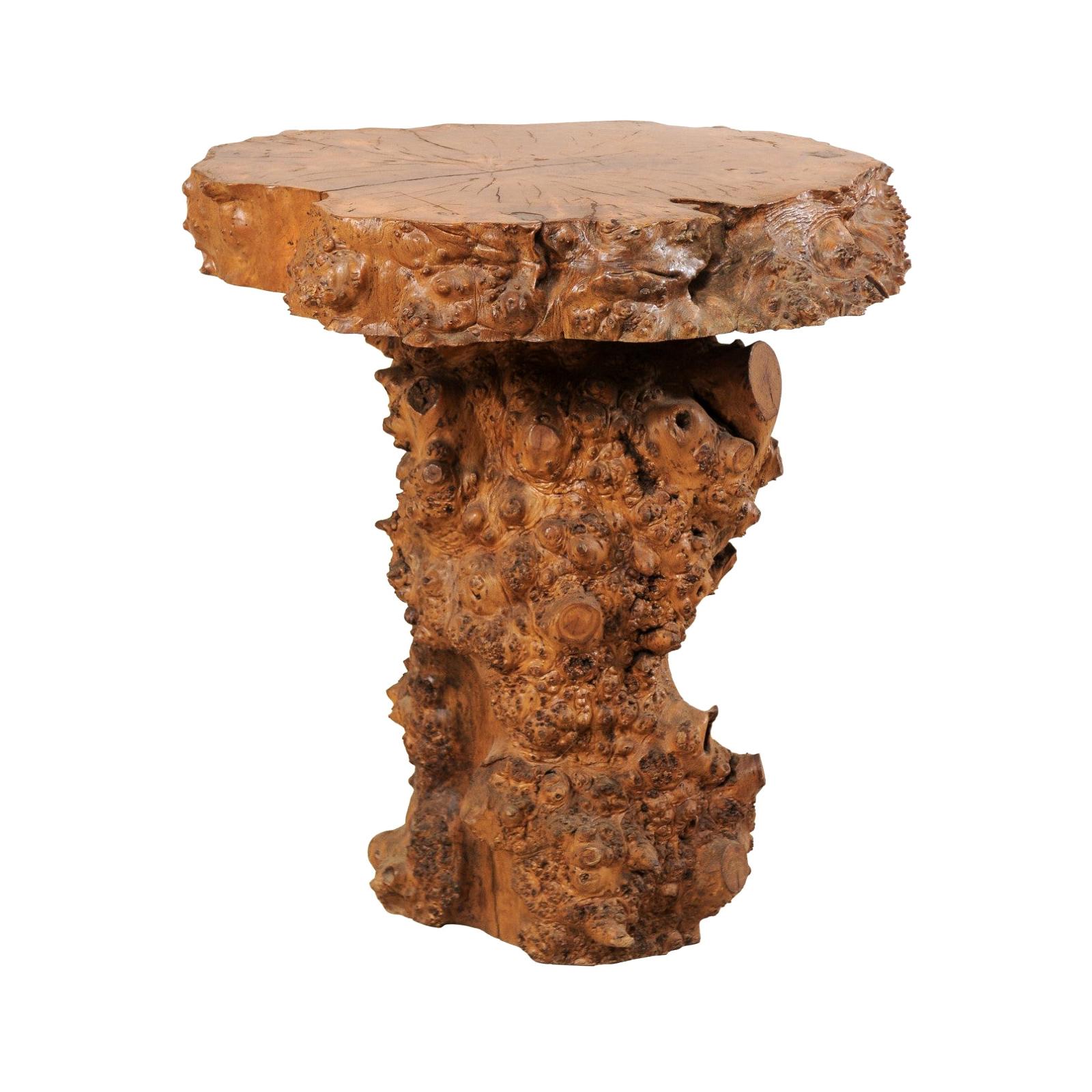 European Live-Edge Burl Side Table with Slab Top & Knobby Texture, Early 20th C. For Sale