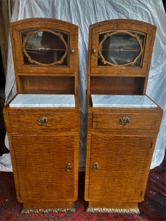 European Burled Wood Veneer Ormolu Marble Top End/Side Tables Glass Cabinet Pair