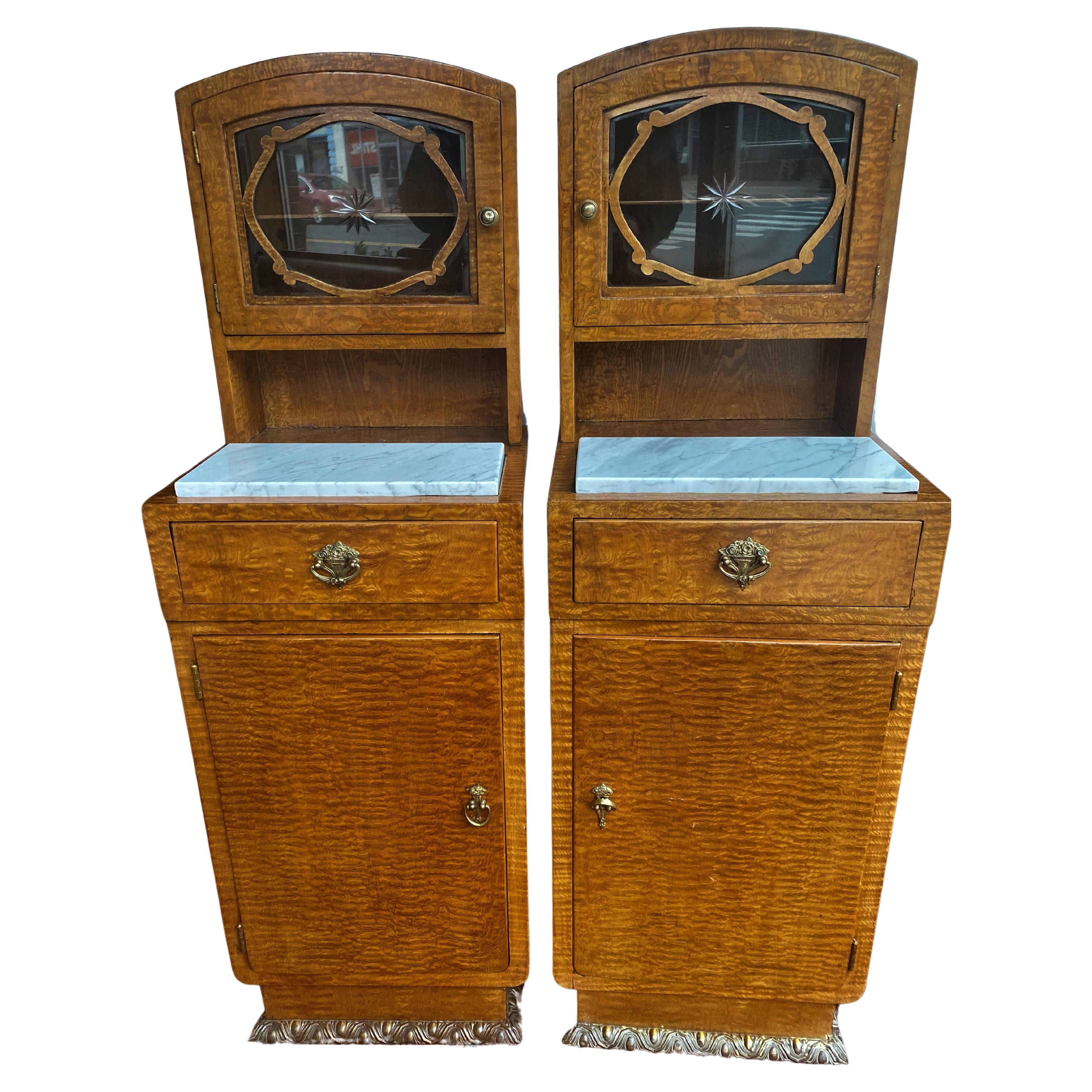 Small European Burled Wood Veneer Marble Top End/Side Tables Cabinet - a Pair For Sale