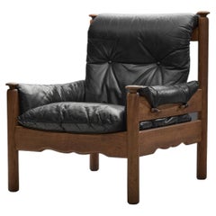 European Cabinetmaker Black Leather and Wood Lounge Chair, Europe ca 1950s