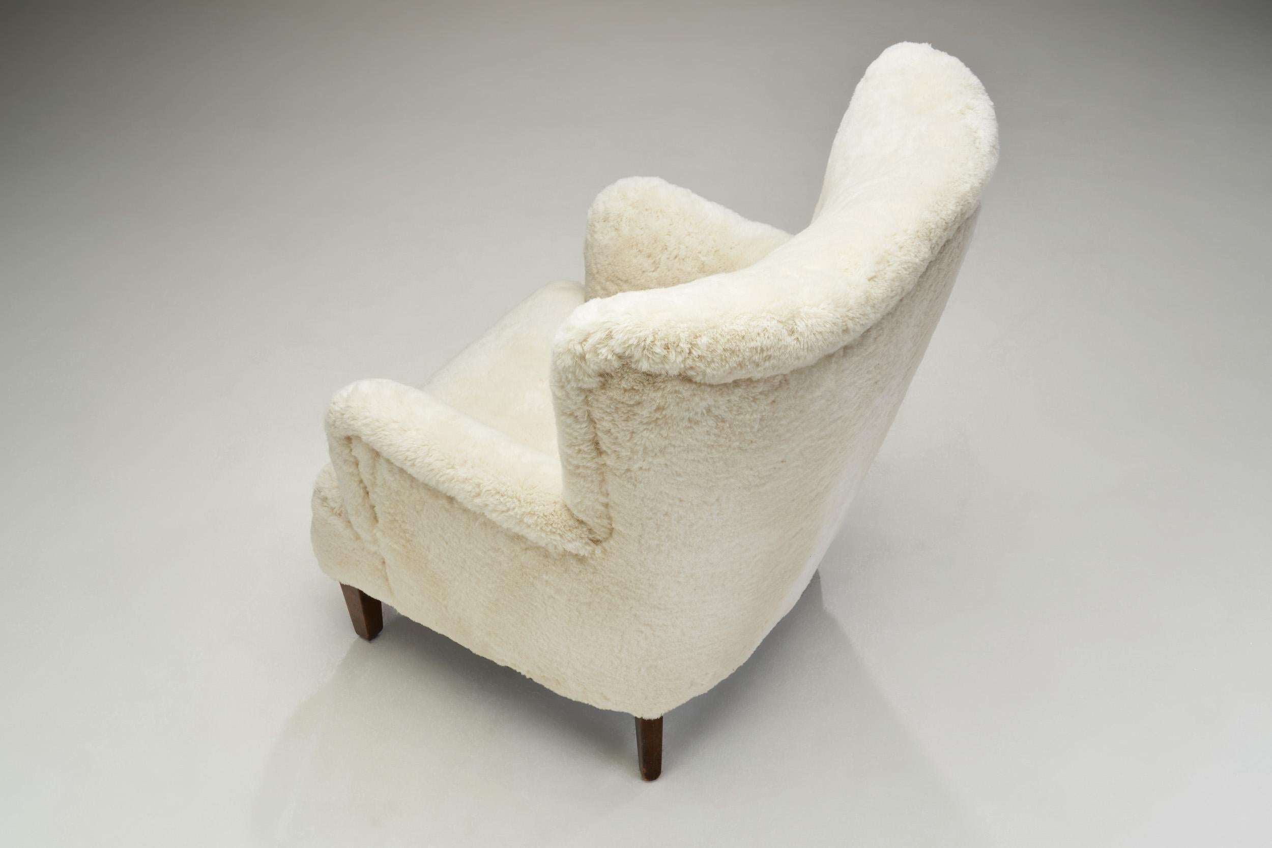 European Cabinetmaker Lounge Chair in Faux Sheepskin, Europe ca 1950s 1