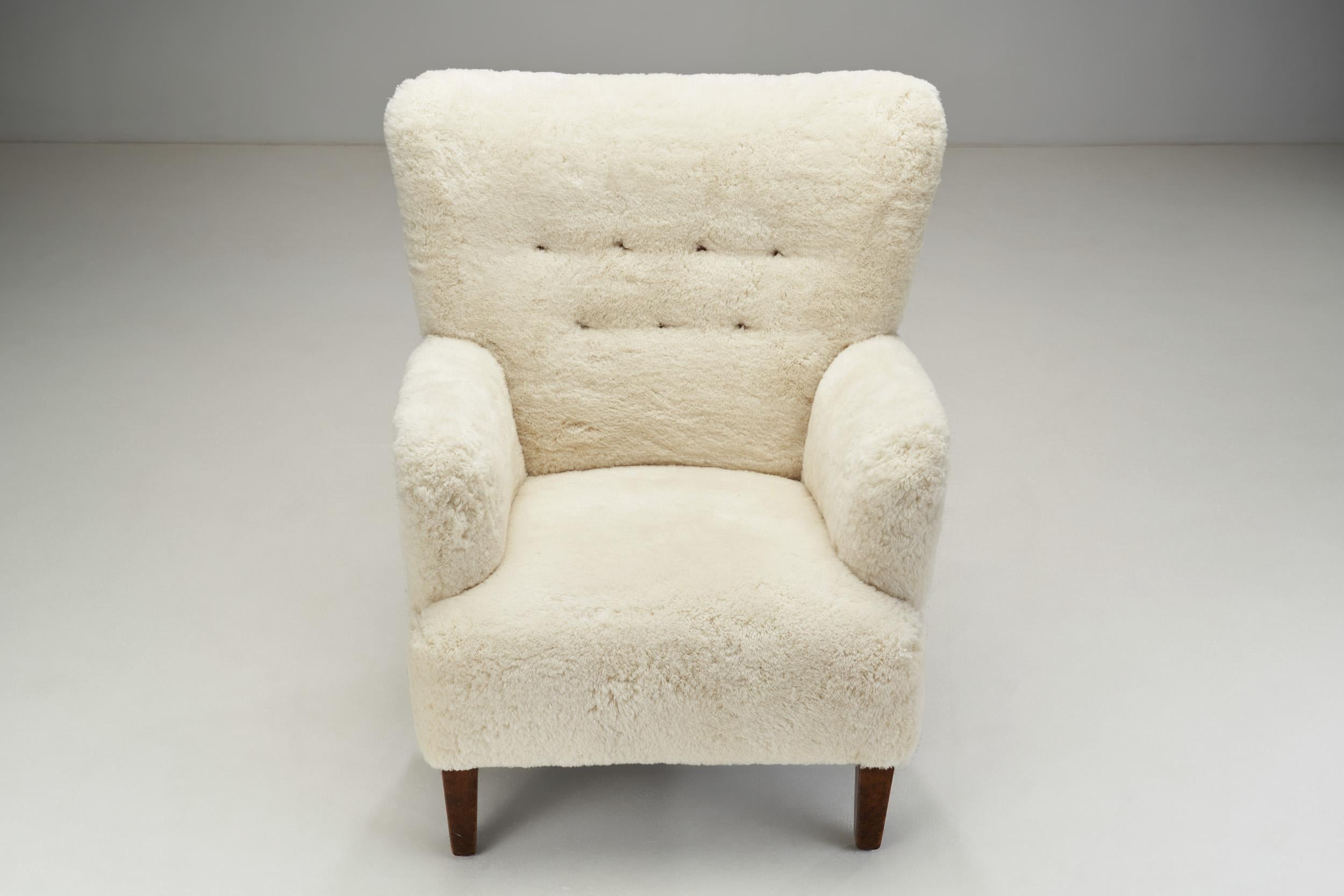 European Cabinetmaker Lounge Chair in Faux Sheepskin, Europe ca 1950s 4