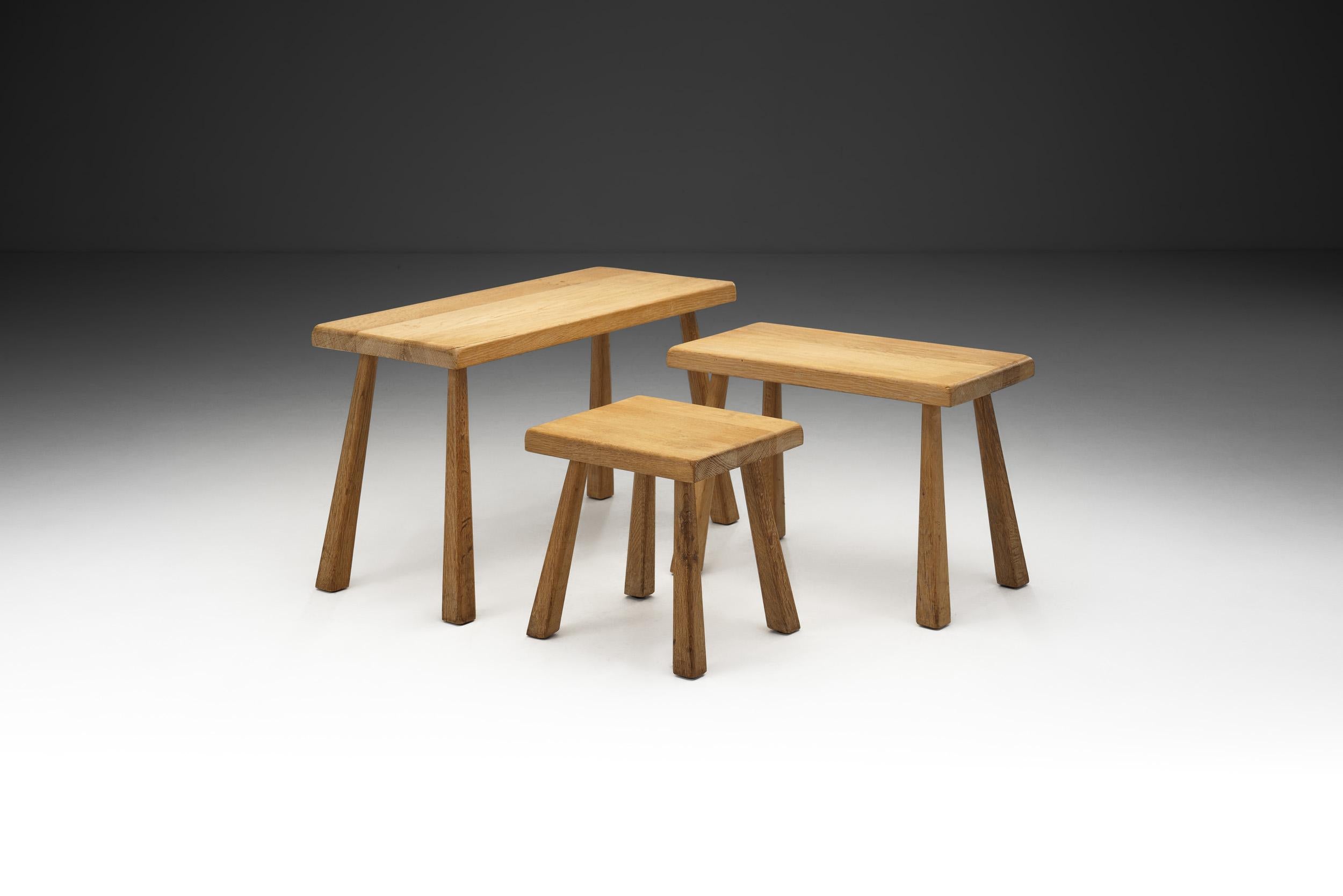 20th Century European Cabinetmaker Solid Oak Nesting Tables, Europe ca 1950s For Sale