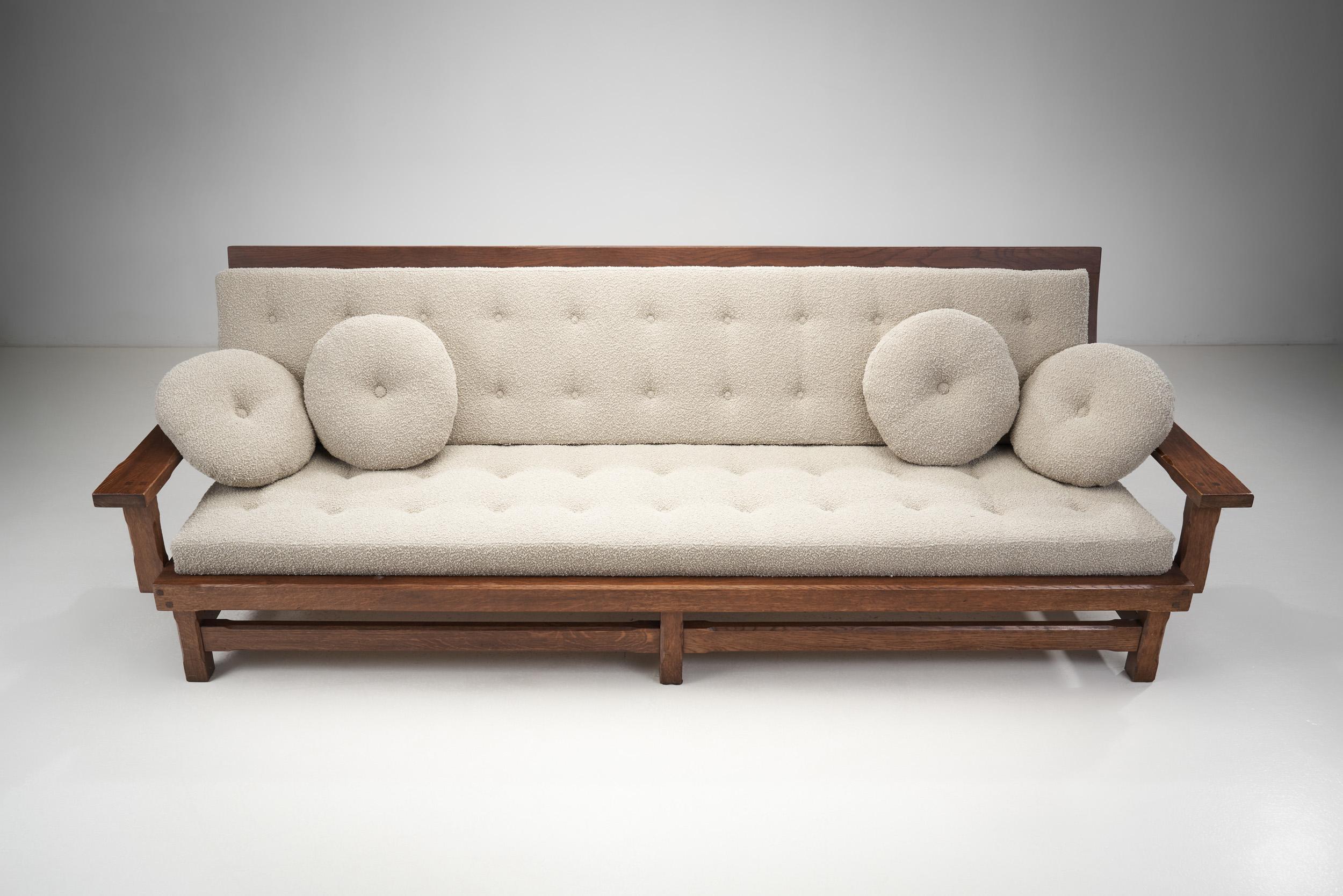 European Cabinetmaker Three-Seater Sofa with Bouclé Cushions, Europe circa 1950s For Sale 1
