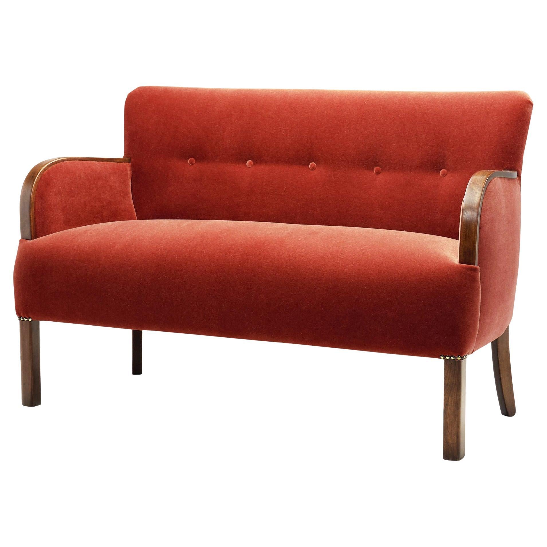 European Cabinetmaker Two-Seater Sofa in Red Mohair, Europe 1940s