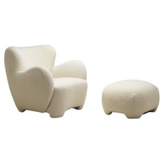 European Cabinetmaker Upholstered Lounge Chair with Ottoman, Europe, circa 1940s