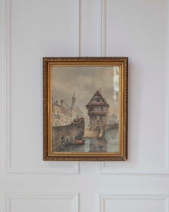 European Canal Townscape with Half-Timbered Architecture, Oil Painting