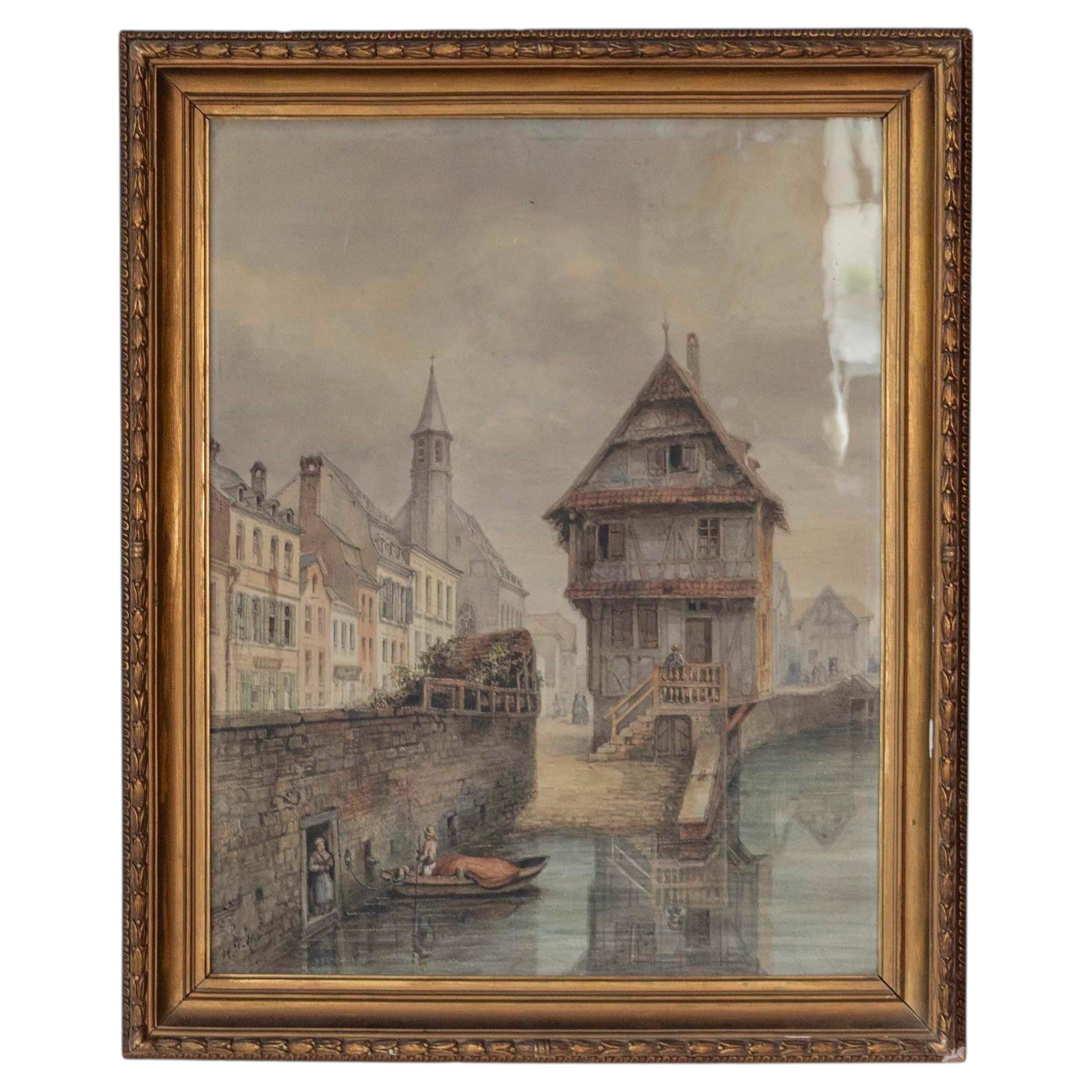Paisaje urbano del canal europeo con arquitectura de entramado de madera, Pintura al óleo