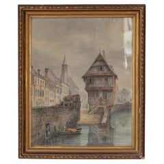 European Canal Townscape with Half-Timbered Architecture, Oil Painting