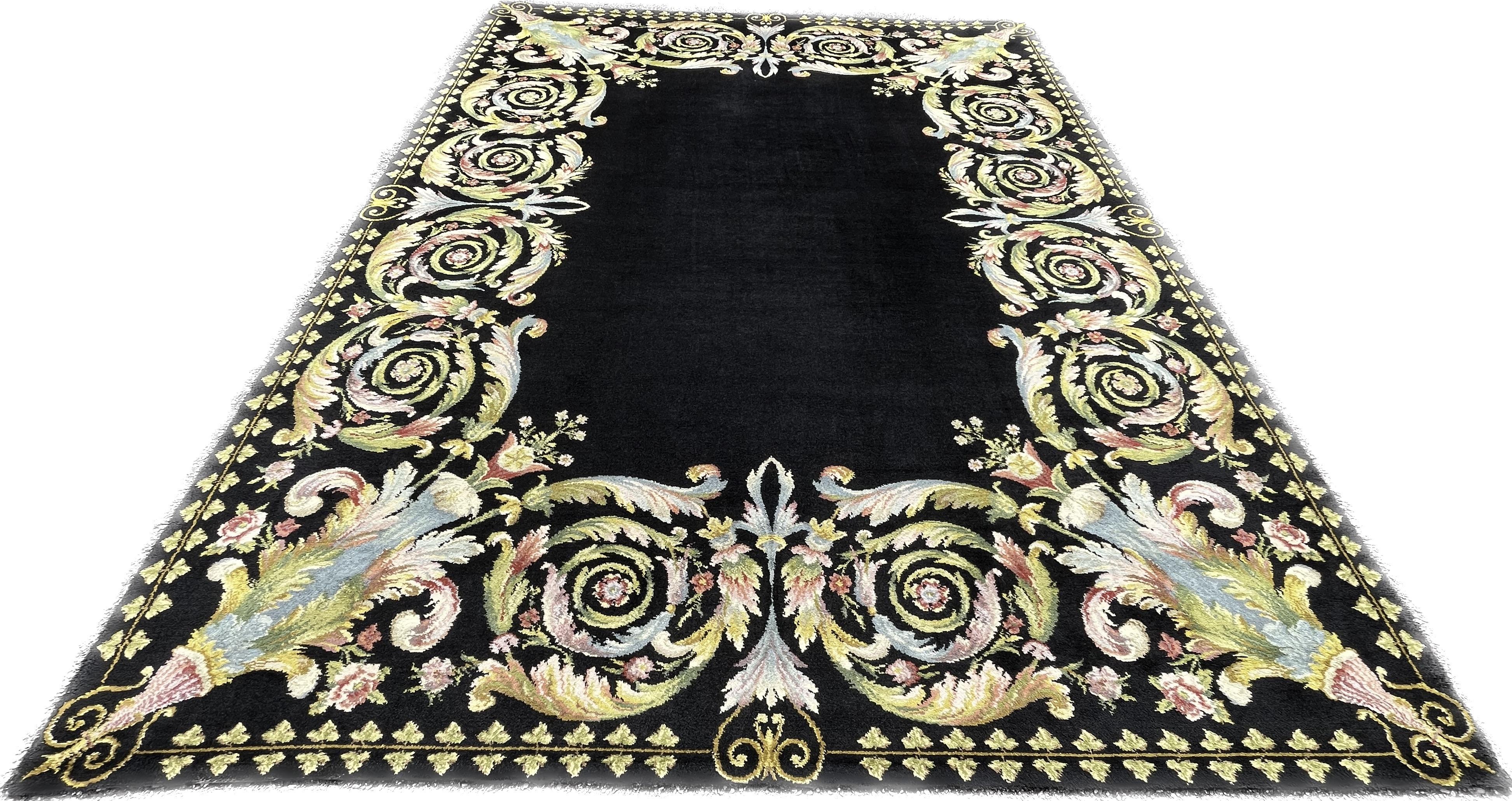 European Carpet in the taste of Savonnerie. 

The French Savonnerie factory was the most prestigious European manufacturer of knotted pile carpets. The production was born from a carpet factory created in a disused soap factory on the Quai de