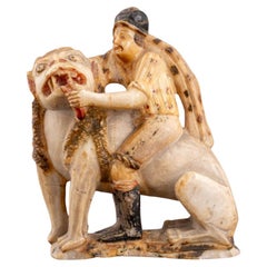 European Carved Alabaster Samson & Lion Sculpture