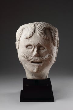 European Carved Limestone Celtic Votive Head of a Male Warrior