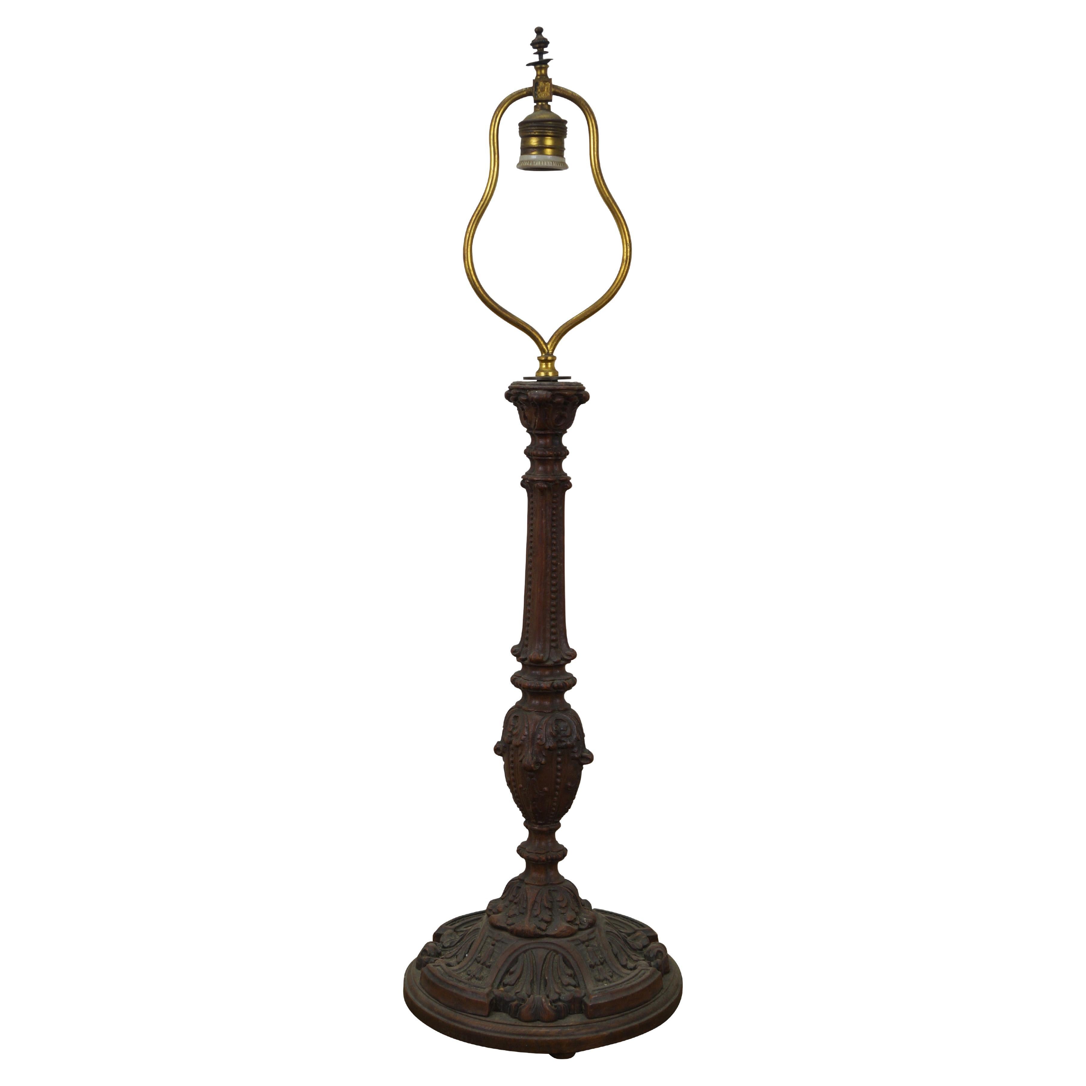 European Carved Oak Baroque Acanthus Leaf Candlestick Table Lamp 30"