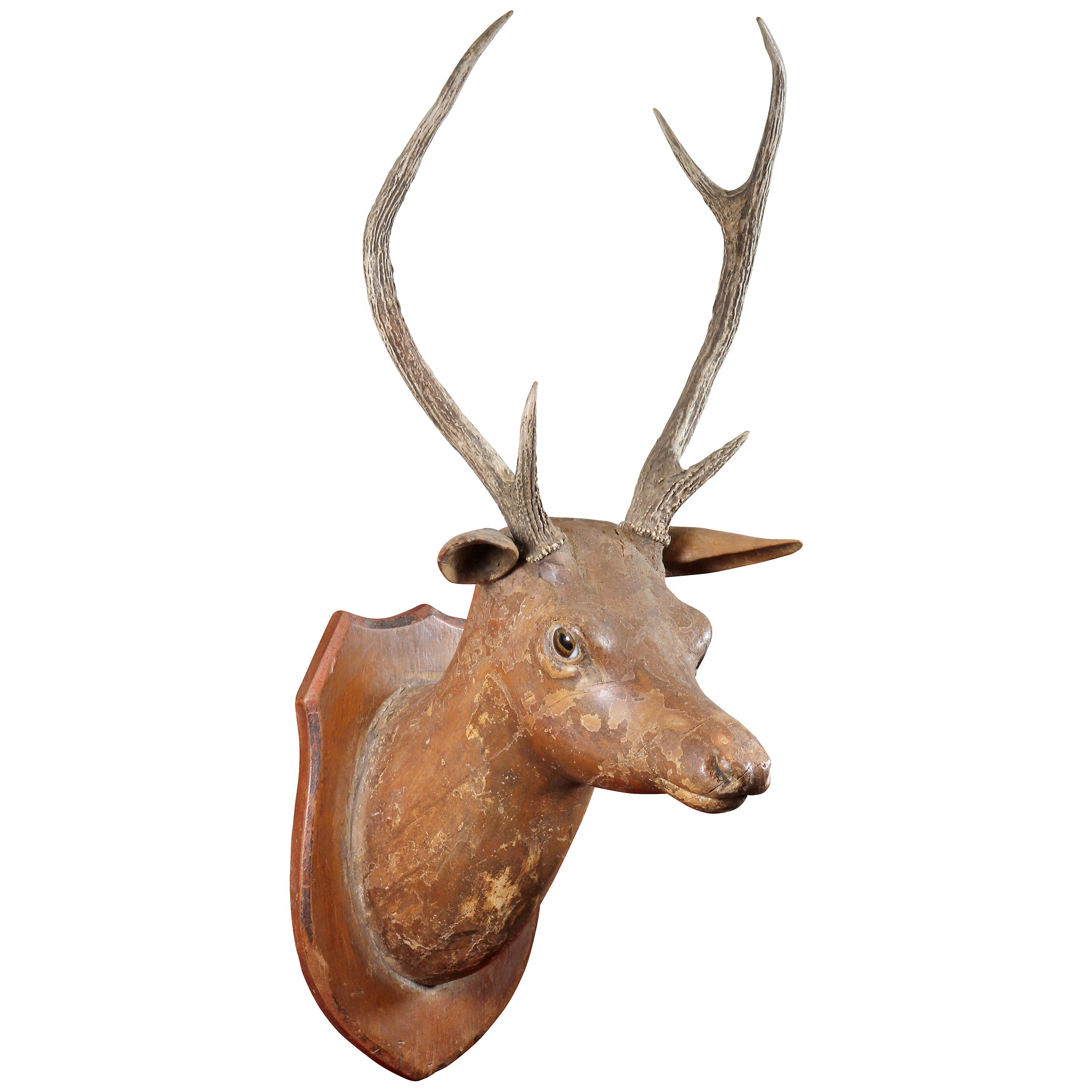 Wood Carved Wooden Animal Deer Statue Buck Stag Handmade Hunting Sculpture 12" 