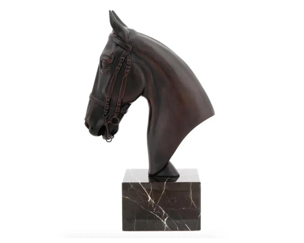 European Cast Bronze Horse Head Bust Marble Base In Good Condition In New York, NY