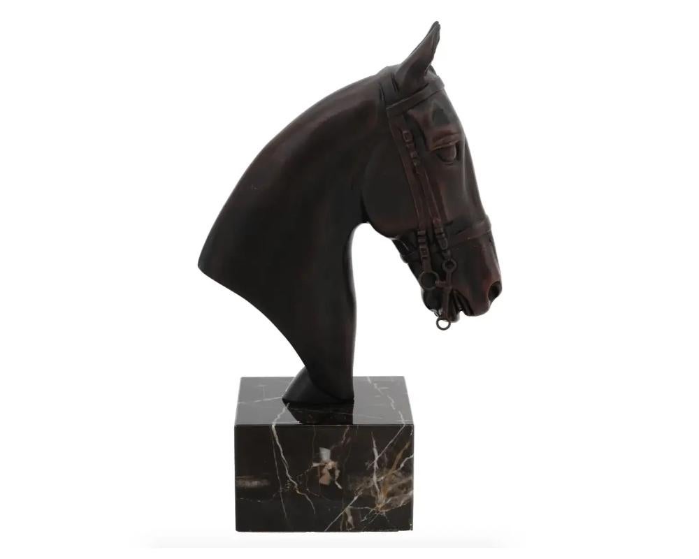 20th Century European Cast Bronze Horse Head Bust Marble Base