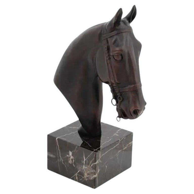 European Cast Bronze Horse Head Bust Marble Base For Sale at 1stDibs