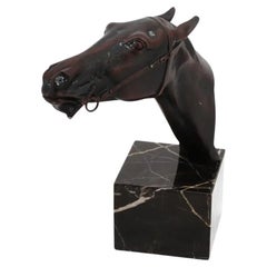 European Cast Bronze Horse Head Bust Marble Base