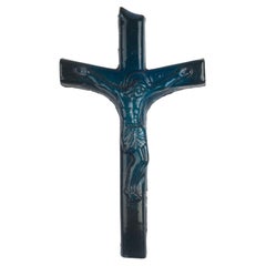 European Ceramic Crucifix, Blue, 1980s