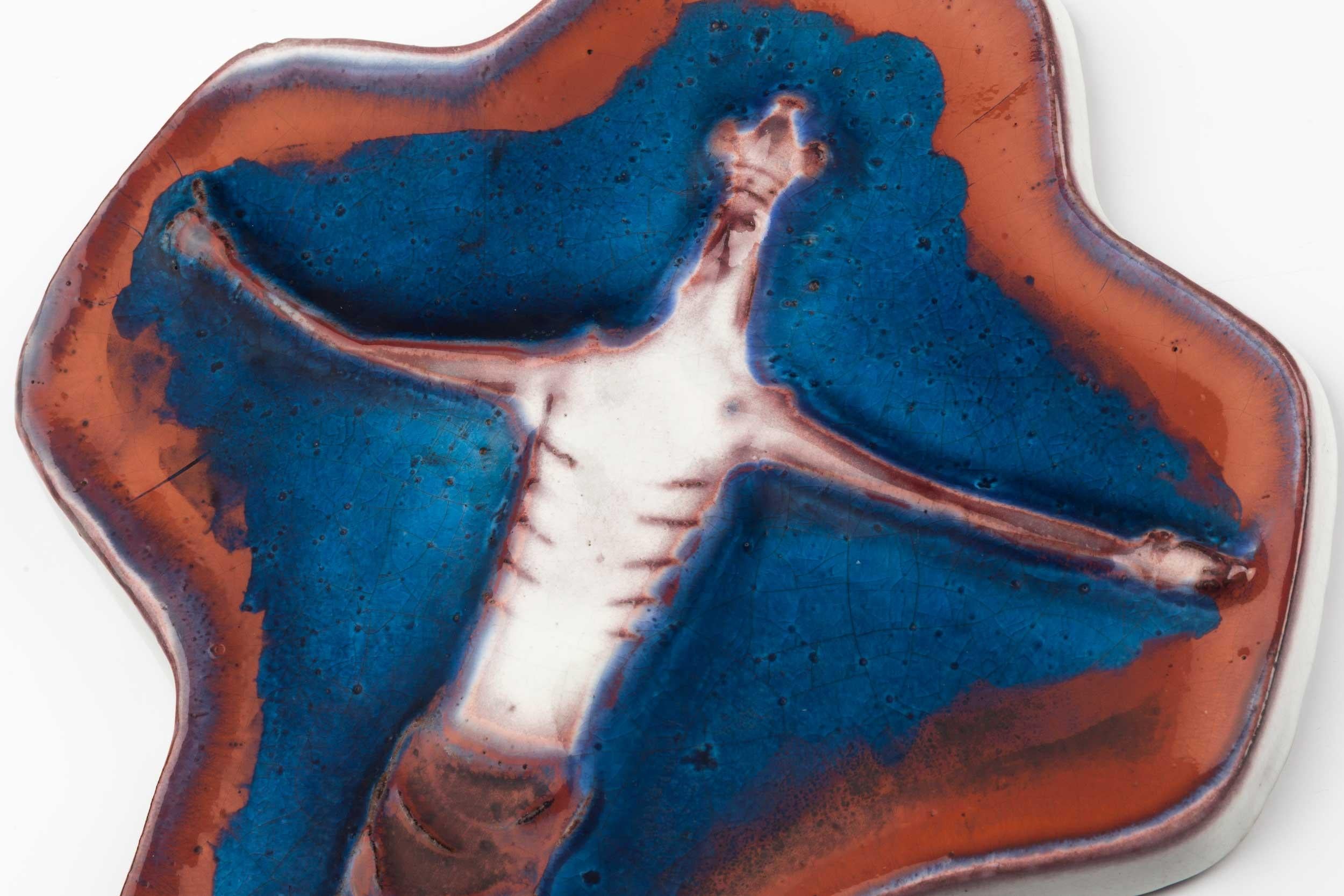 European Ceramic Crucifix, Blue, Sienna, White, 1960s 4