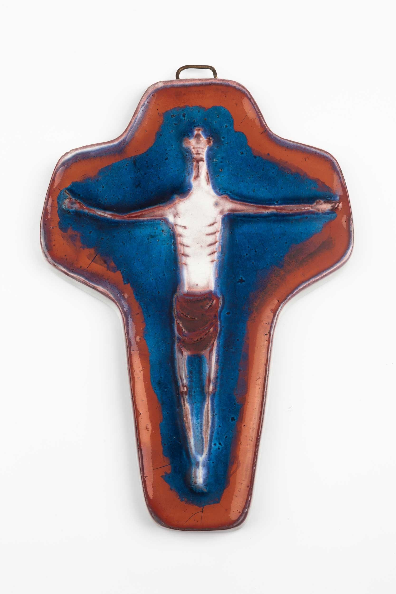 Arts and Crafts European Ceramic Crucifix, Blue, Sienna, White, 1960s
