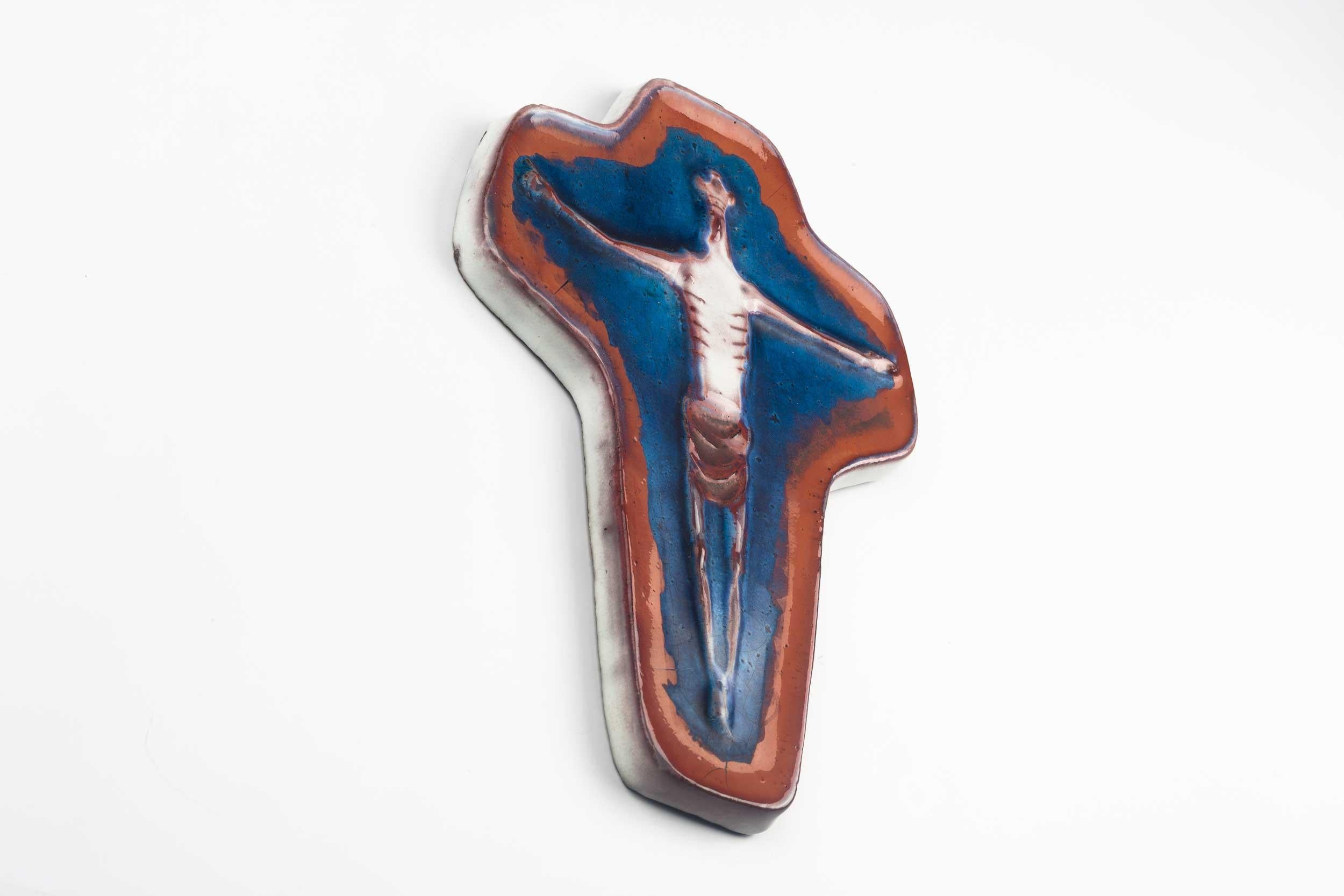 Late 20th Century European Ceramic Crucifix, Blue, Sienna, White, 1960s