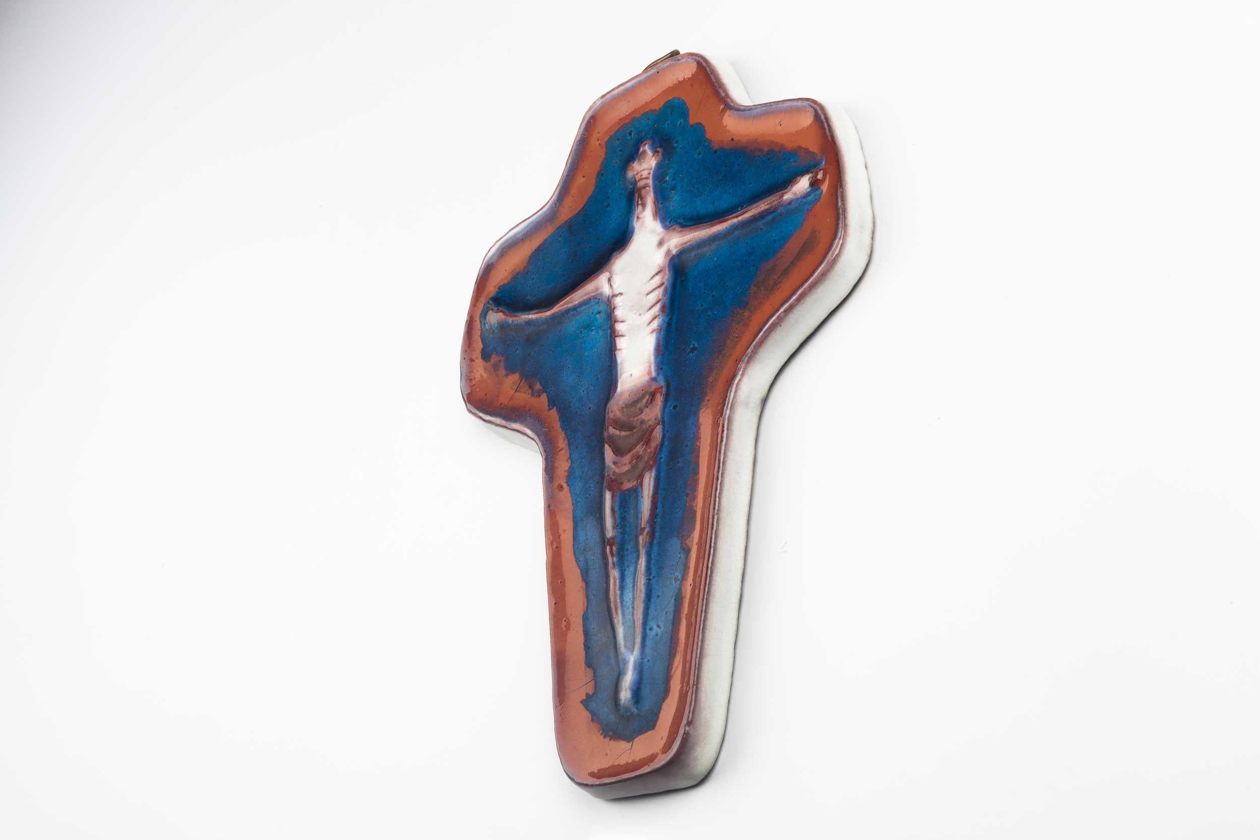 Clay European Ceramic Crucifix, Blue, Sienna, White, 1960s