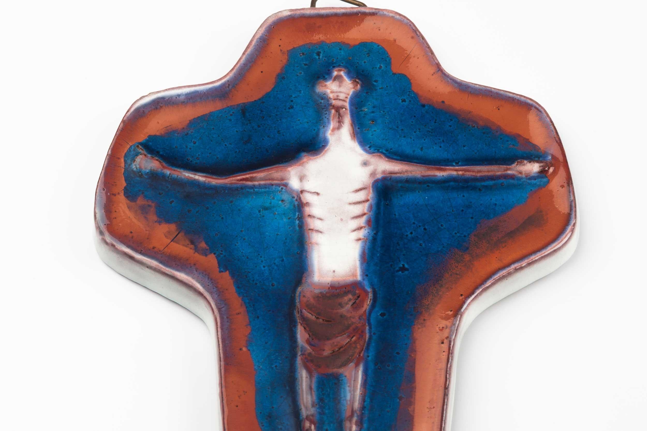 European Ceramic Crucifix, Blue, Sienna, White, 1960s 2