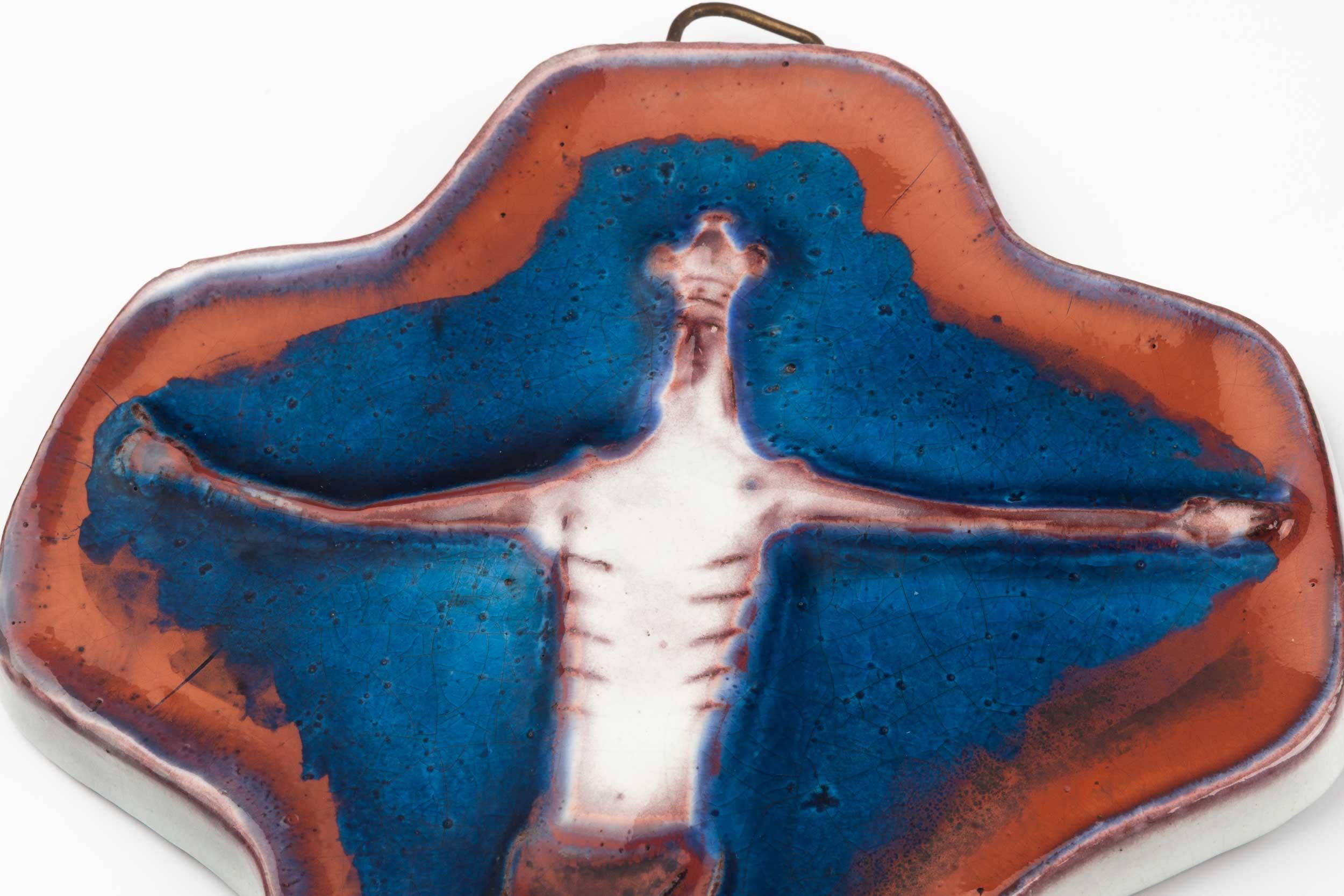 European Ceramic Crucifix, Blue, Sienna, White, 1960s 3
