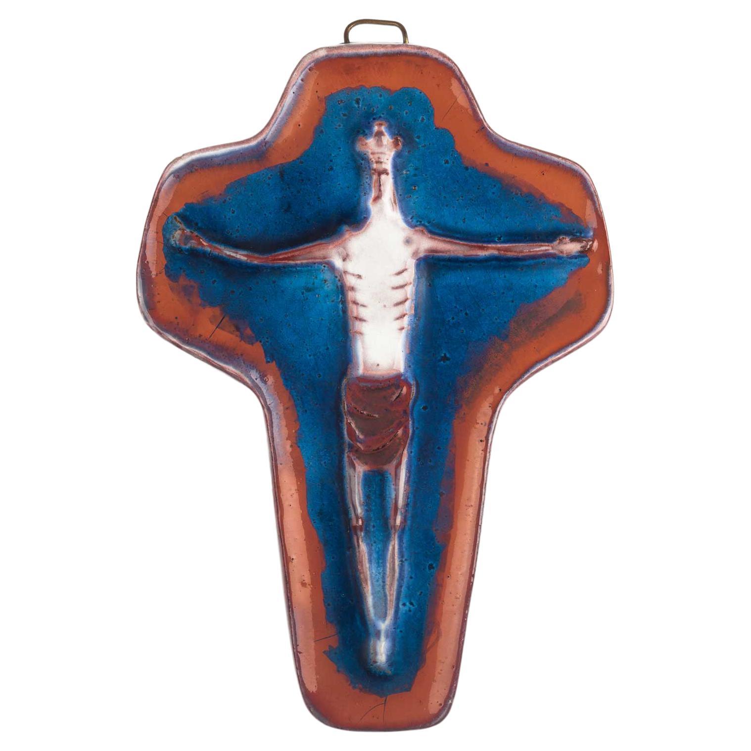 European Ceramic Crucifix, Blue, Sienna, White, 1960s