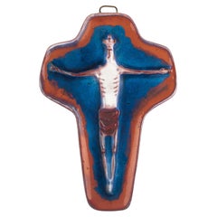 European Ceramic Crucifix, Blue, Sienna, White, 1960s