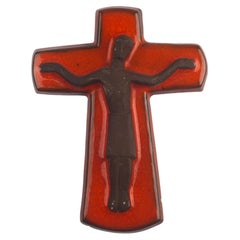 European Ceramic Crucifix, Brown and Orange, 1960s
