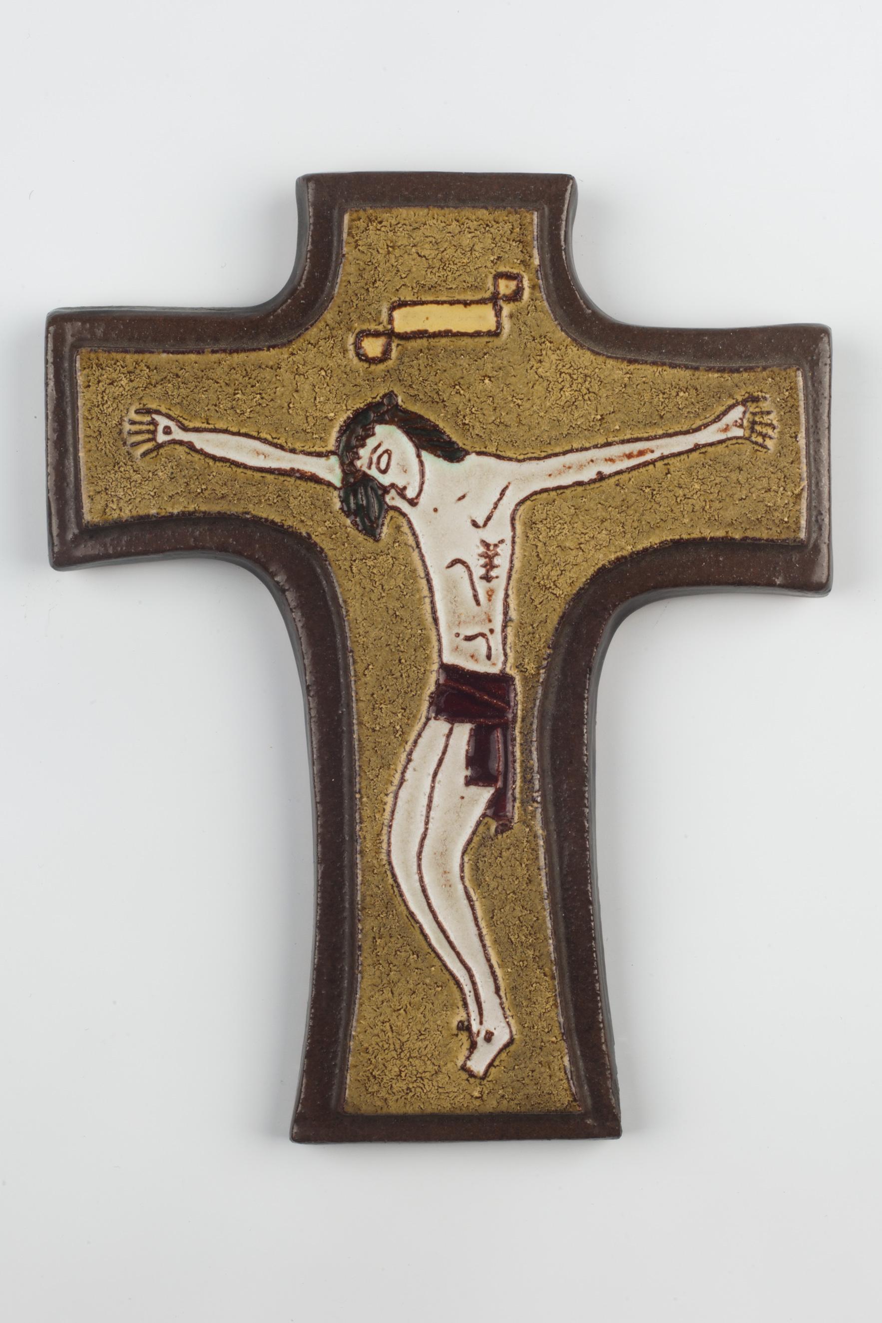 Mid-Century Modern European Ceramic Crucifix, Brown, Beige, 1960s