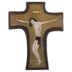 European Ceramic Crucifix, Brown, Beige, 1960s
