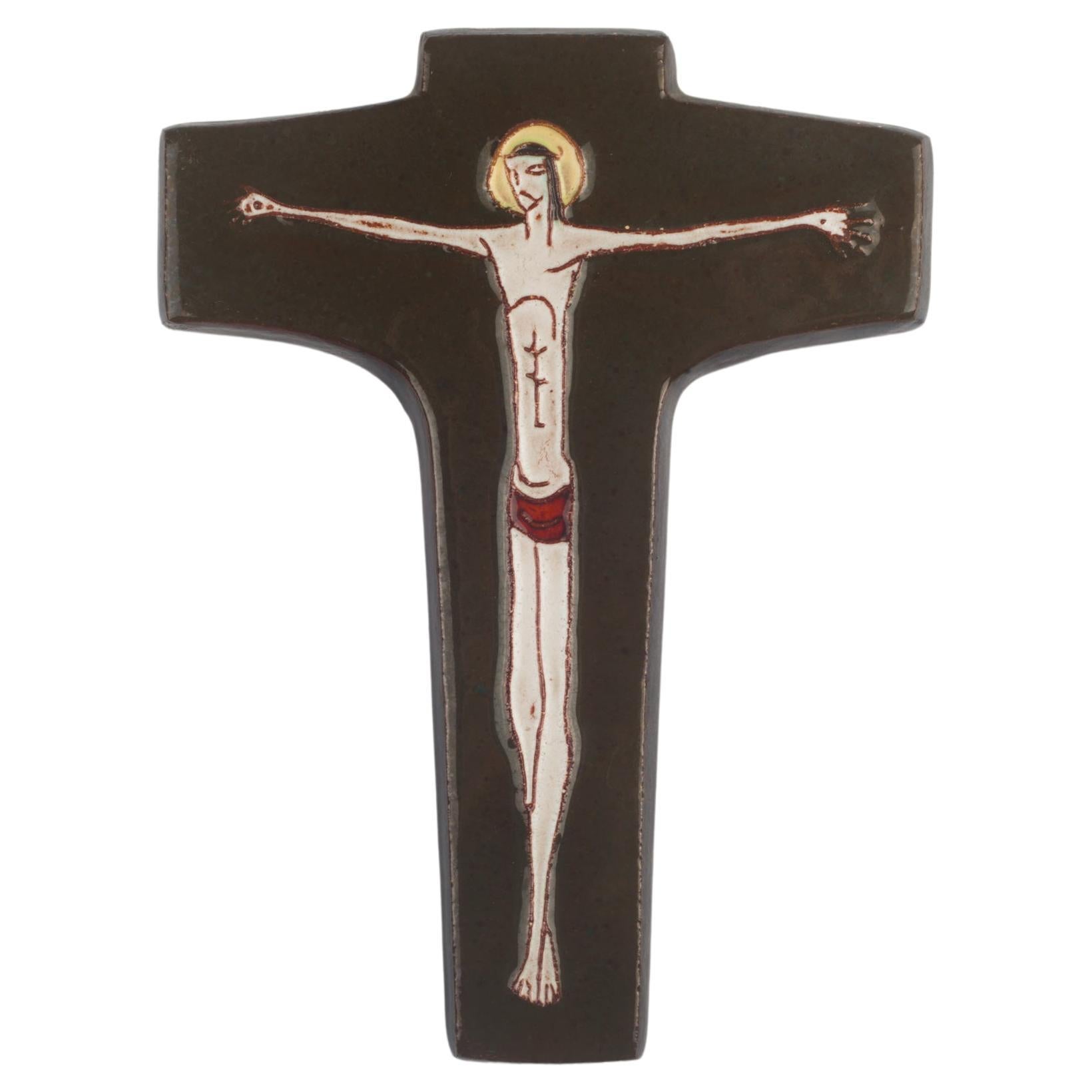 European Ceramic Crucifix, Brown, Red, Yellow, 1950s
