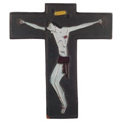 European Ceramic Crucifix, Delicate Drawing Style, 1960s