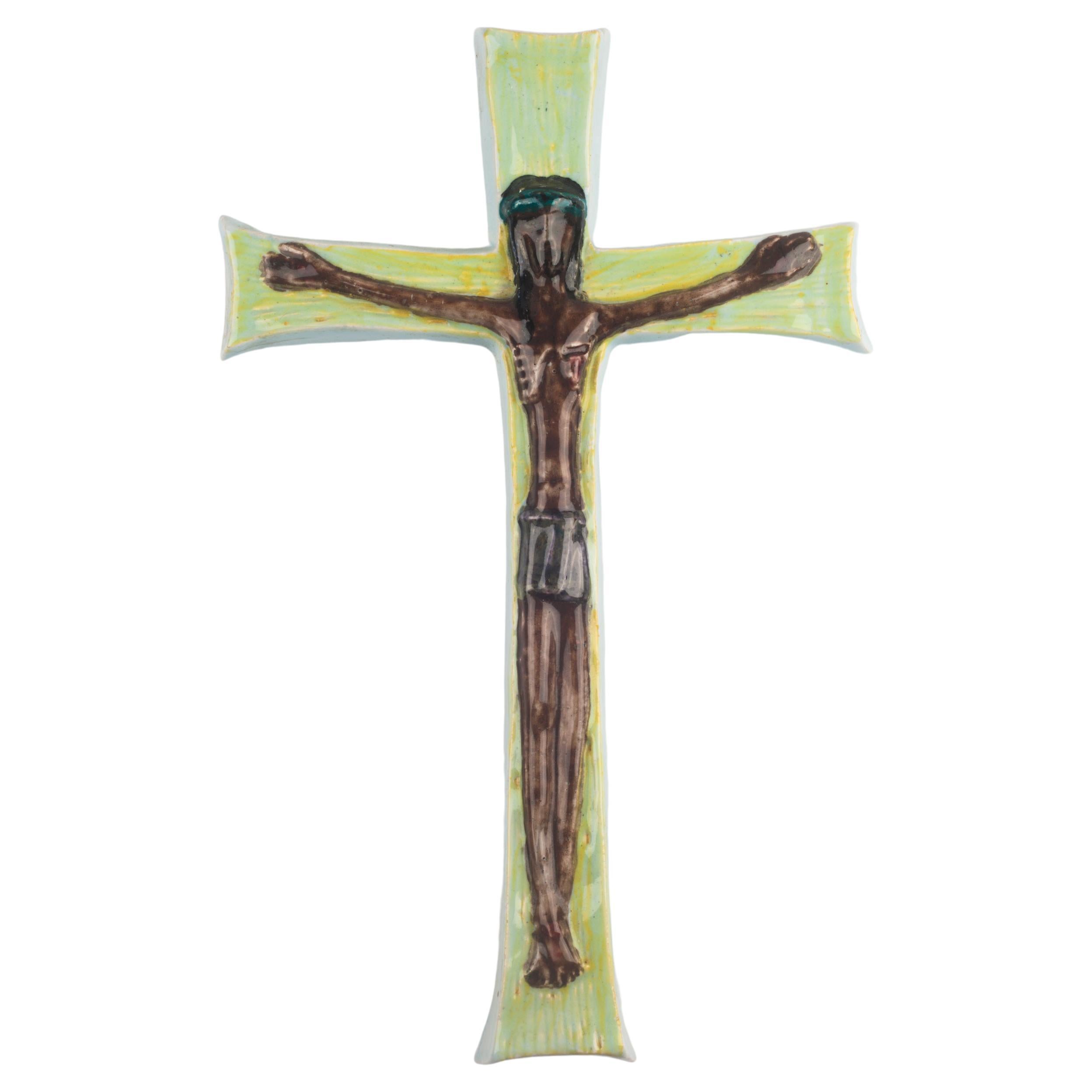 European Ceramic Crucifix, Green, Brown, 1960s