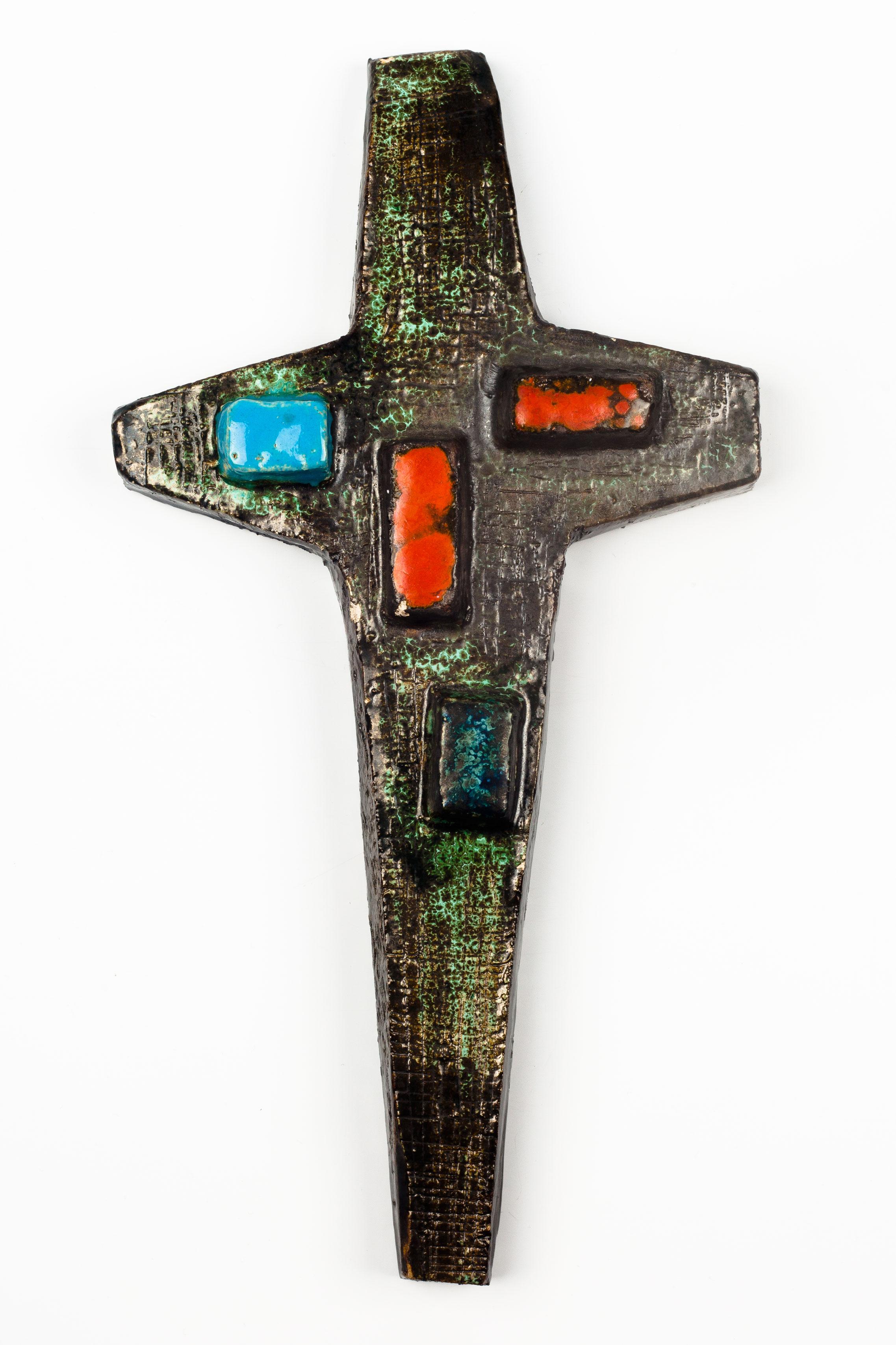 Mid-Century Modern European Ceramic Crucifix, Green, Brown, Red, 1950s