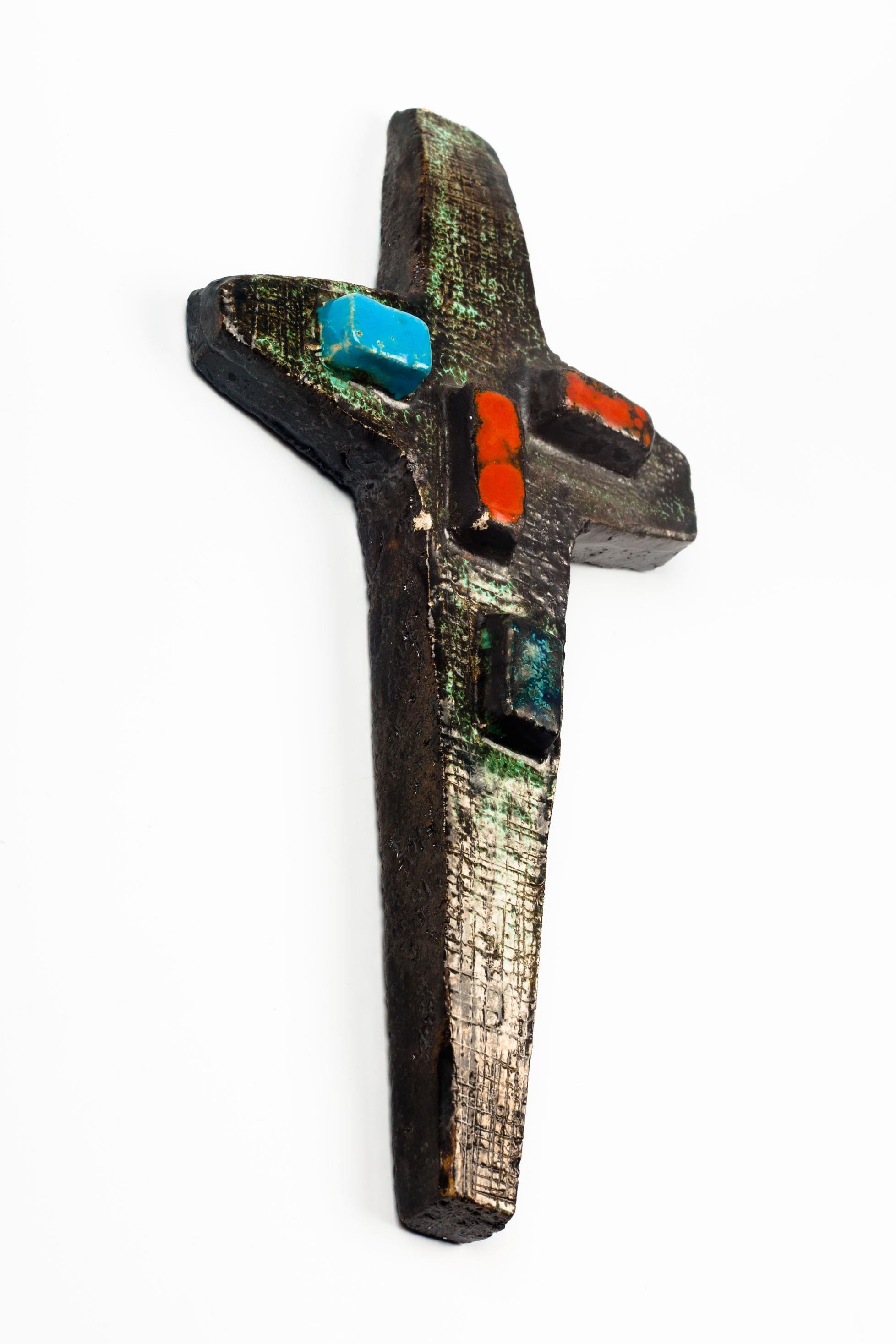 European Ceramic Crucifix, Green, Brown, Red, 1950s 1