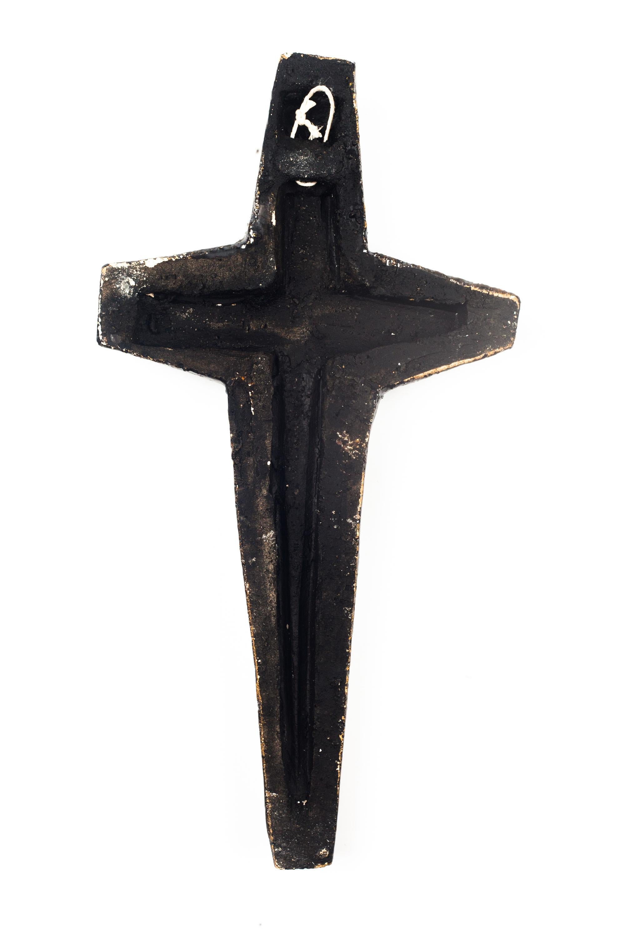 European Ceramic Crucifix, Green, Brown, Red, 1950s 2
